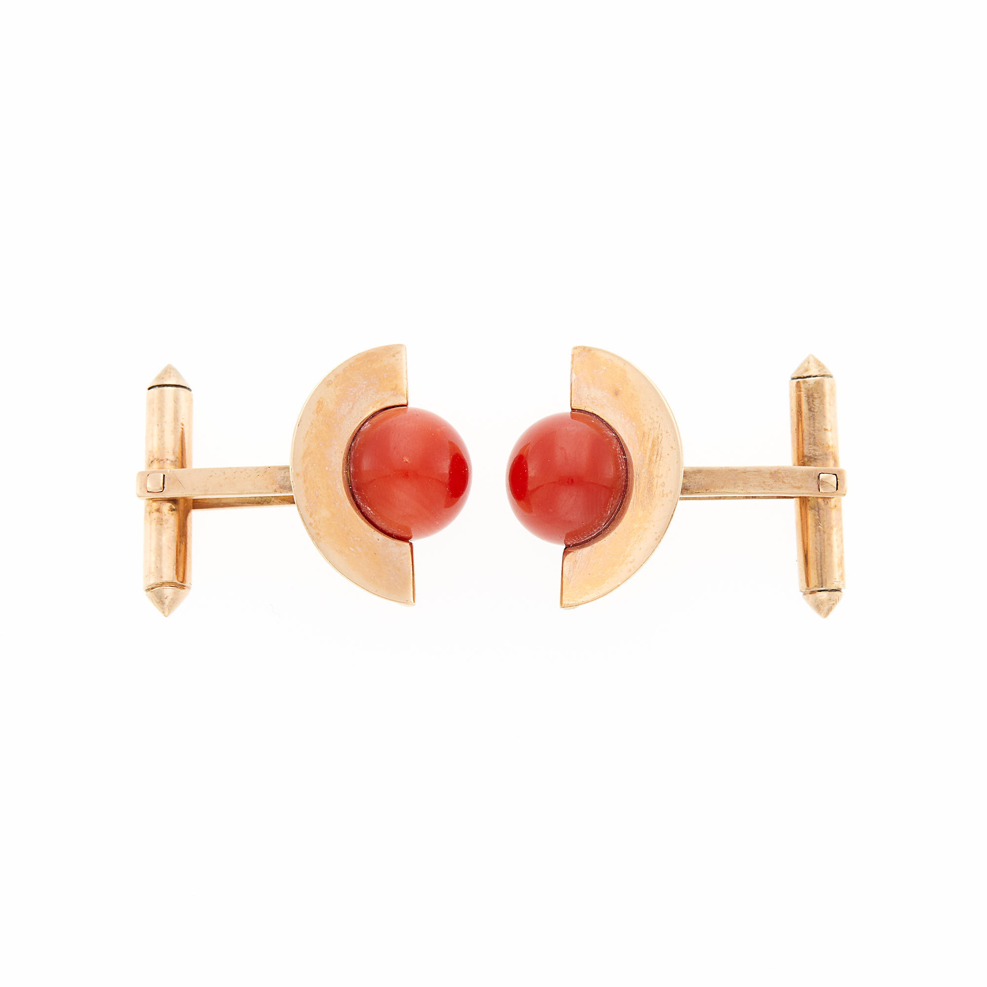 Lot image - Pair of Rose Gold and Oxblood Coral Cufflinks