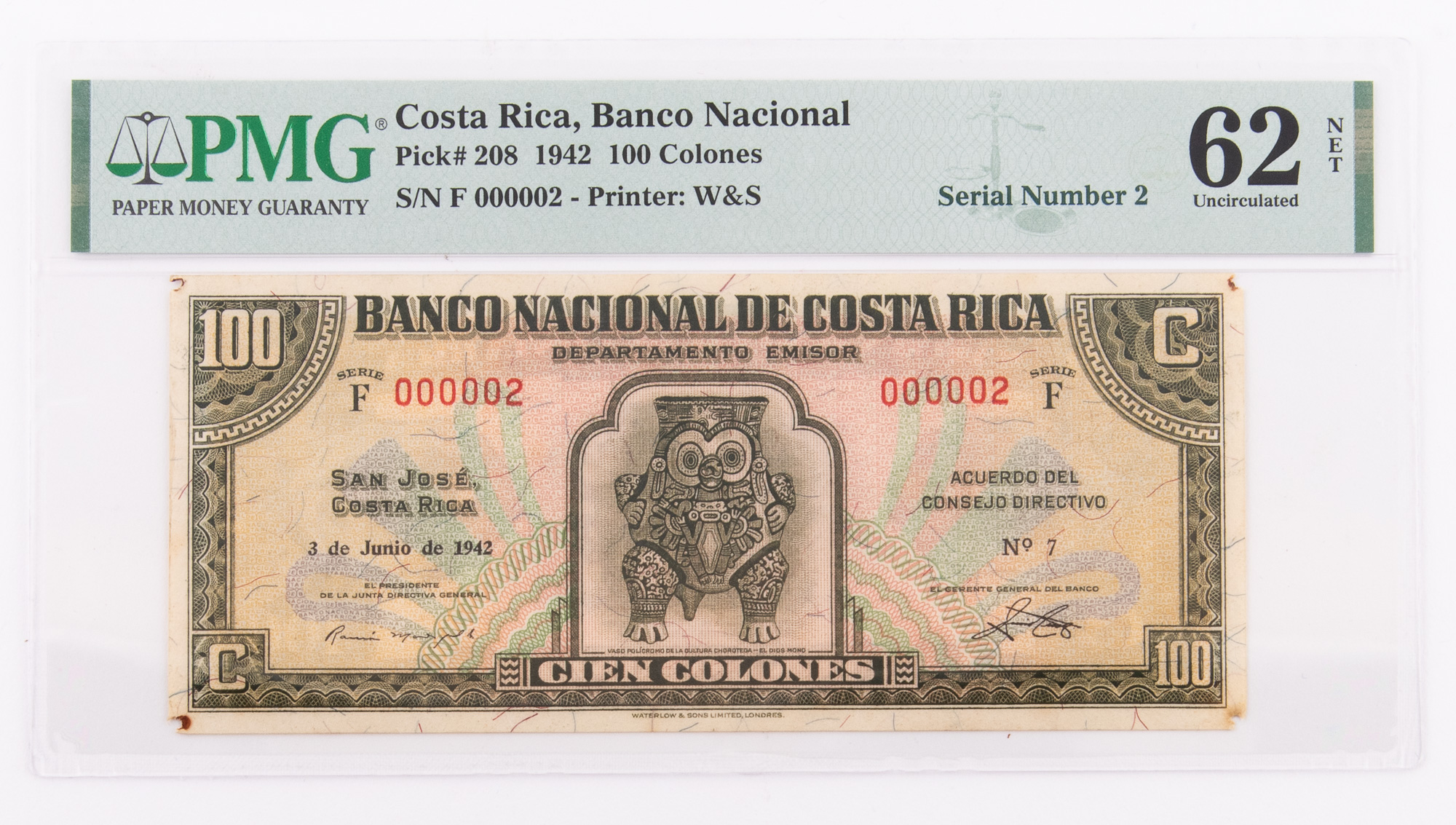 Lot image - Costa Rica, Banco Nacional Series F 1942 Cien Colones Pick# 208 PMG 62