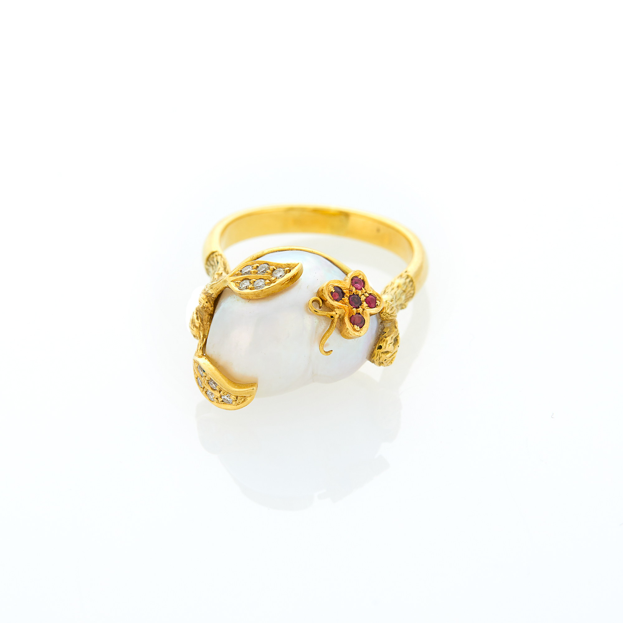 Lot image - Gold, Baroque Cultured Pearl, Diamond and Ruby Flower Butterfly Ring