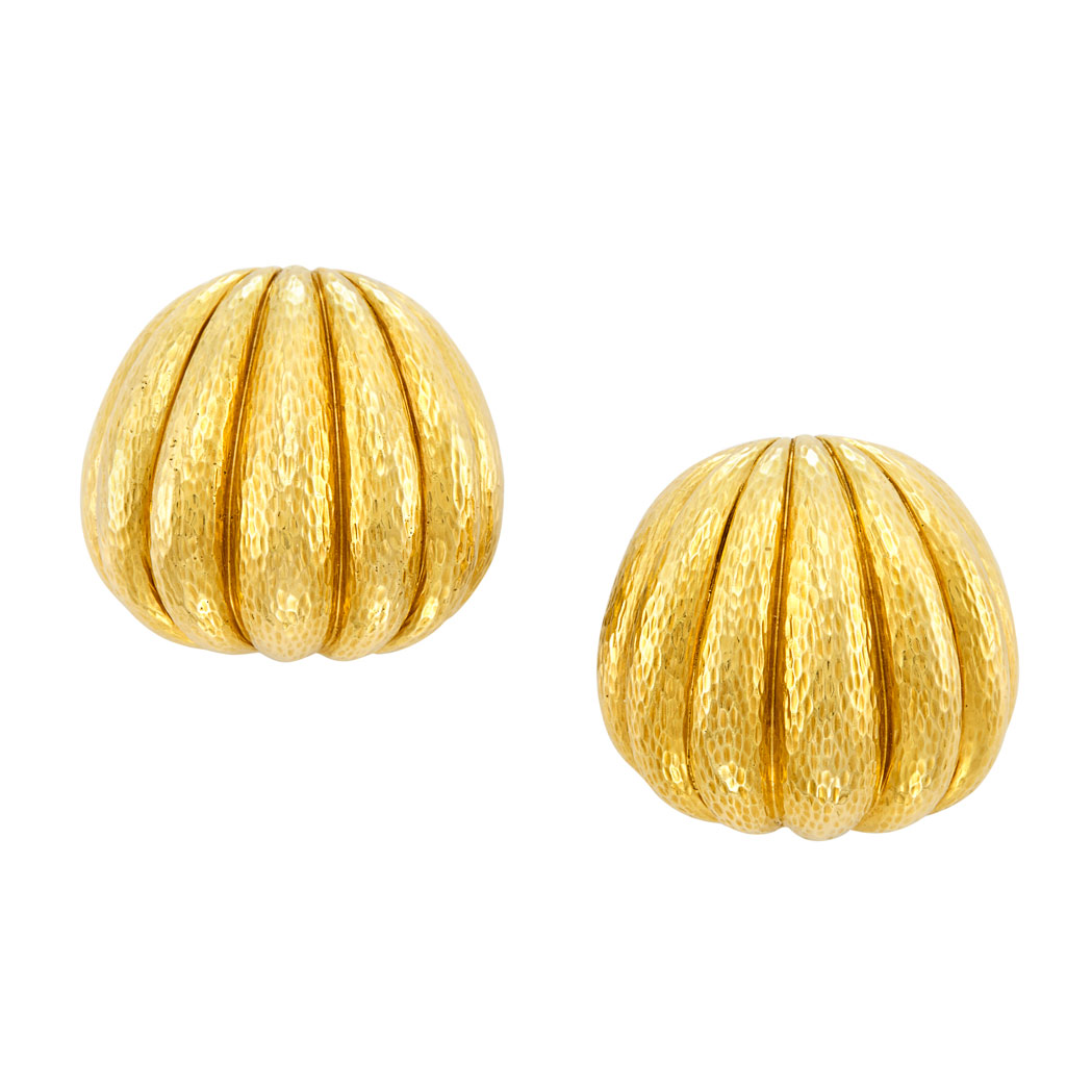 Lot image - Pair of Hammered Gold Earclips, David Webb