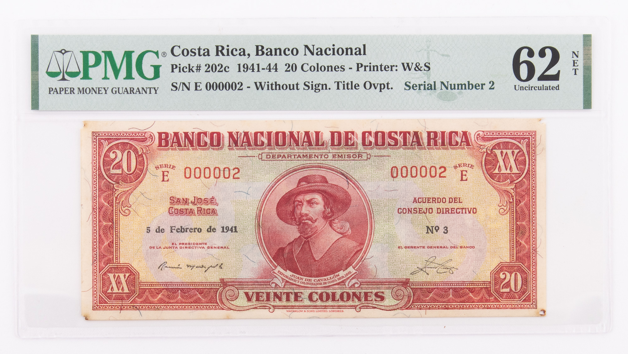 Lot image - Costa Rica, Banco Nacional Series E 1941-44 Veinte Colones Pick# 202c PMG 62