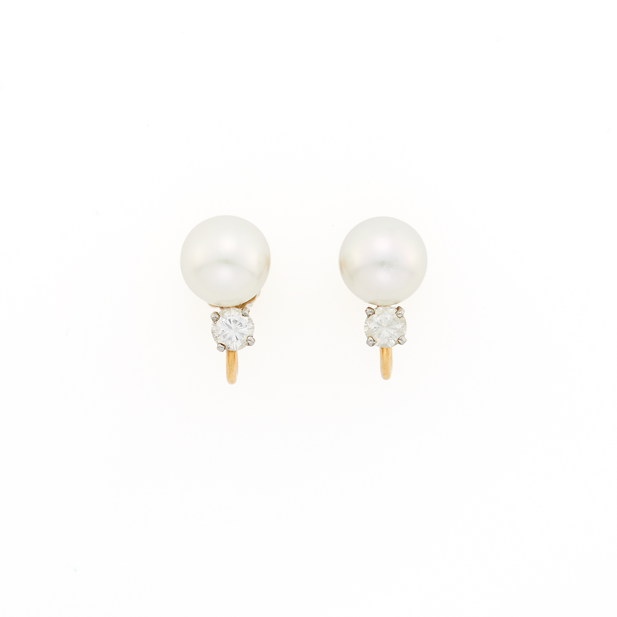 Lot image - Tiffany & Co. Pair of Gold, Cultured Pearl and Diamond Earclips