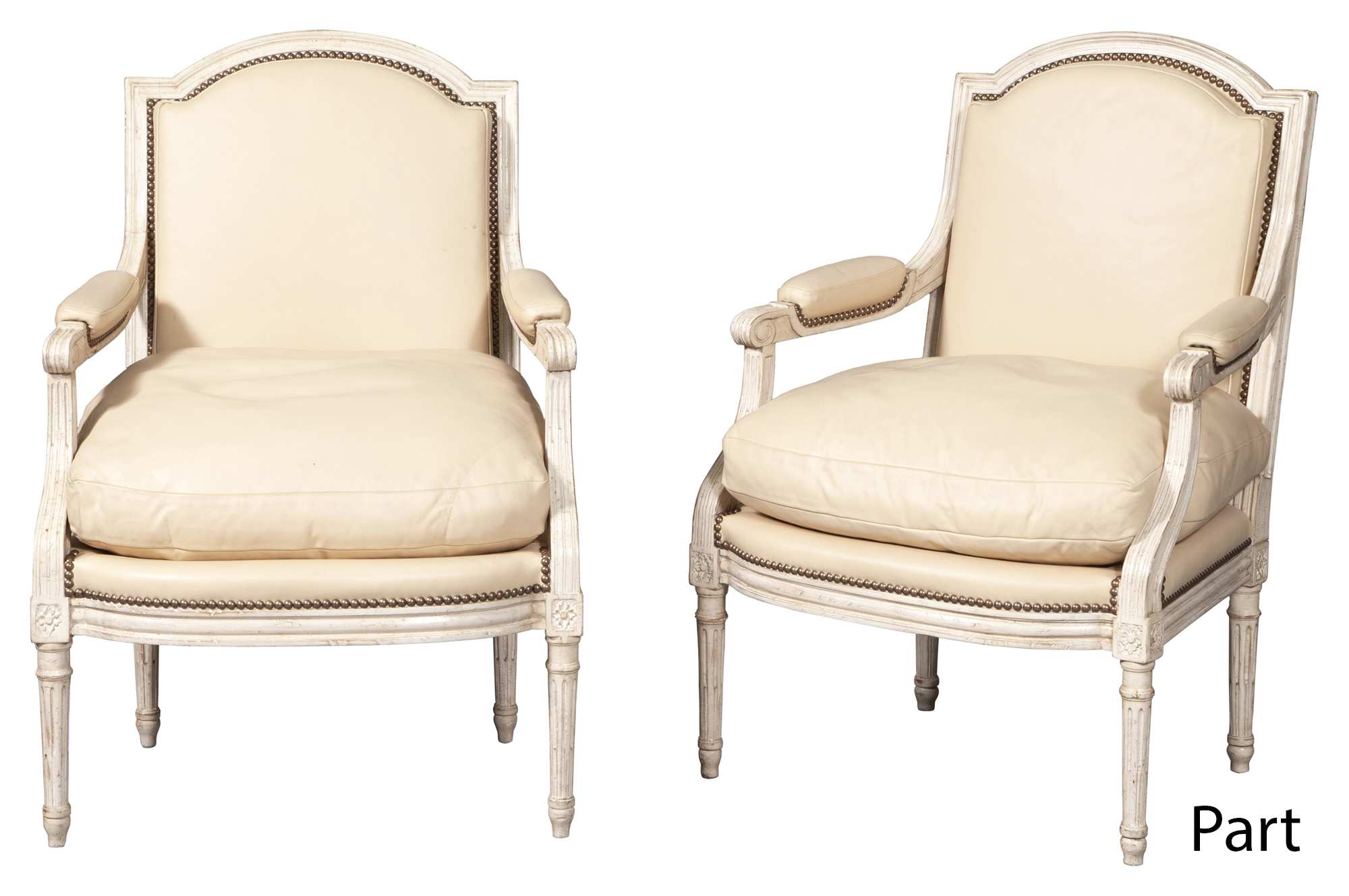Lot image - Set of Four Louis XVI Style Cream-Painted and Leather Upholstered Bergeres