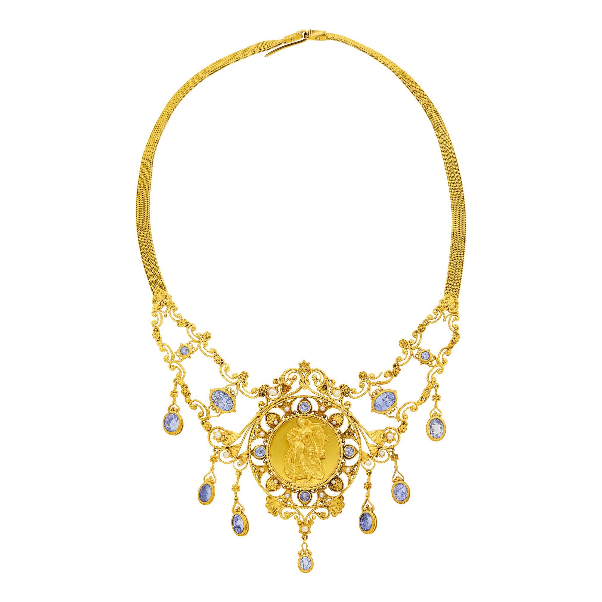 Lot image - Antique Gold Medallion, Sapphire and Split Pearl Mesh Necklace