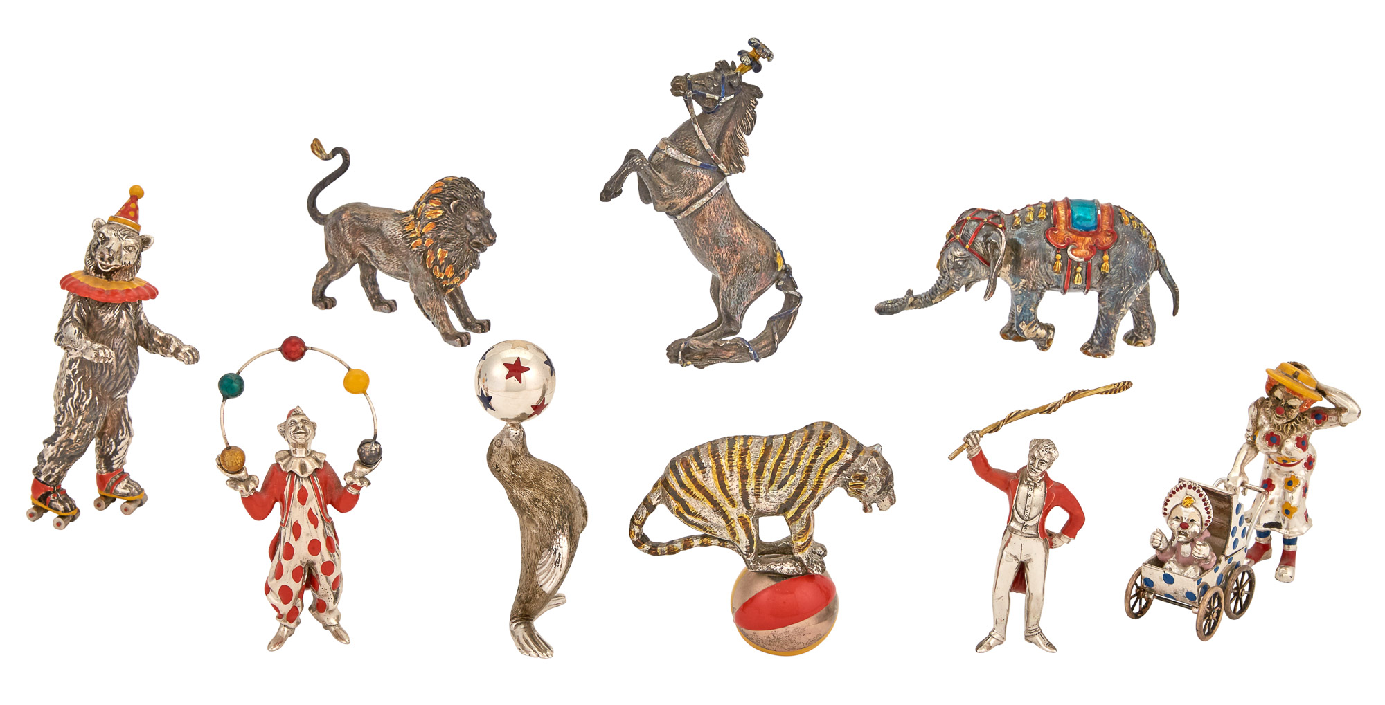 Lot image - Group of Nine Tiffany & Co. Sterling Silver and Enamel Circus Figures