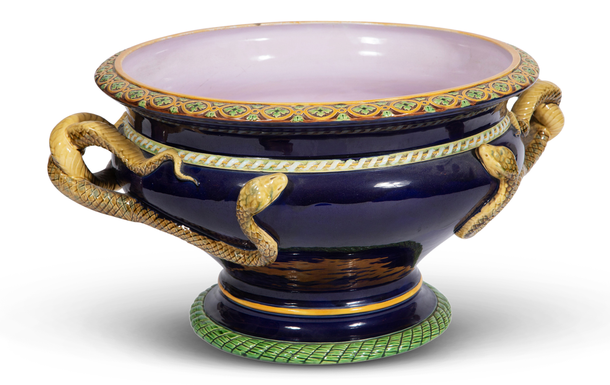 Lot image - Minton Majolica Cobalt-Blue Ground Snake-Handled Large Garden Pot