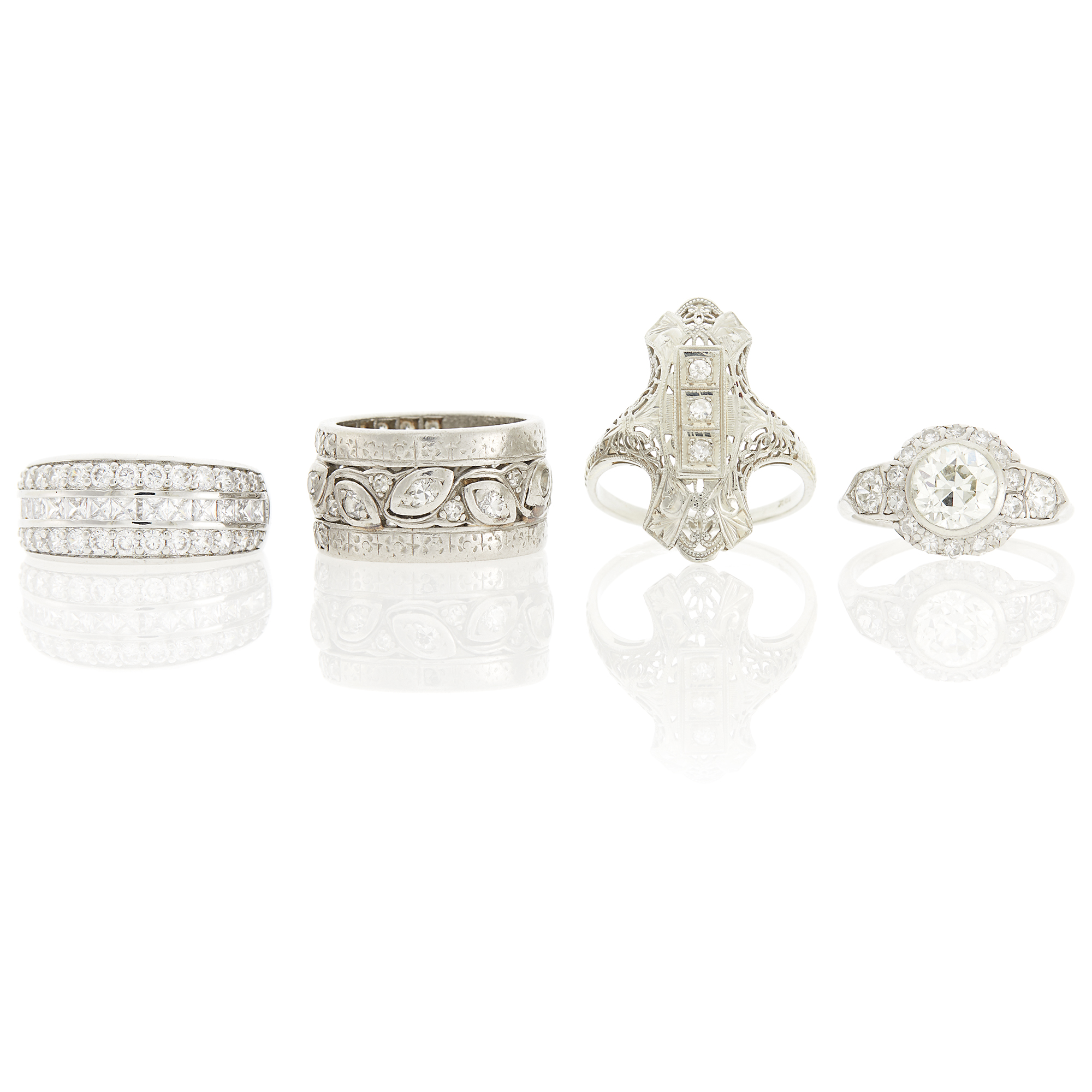 Lot image - Platinum and Diamond Ring, Palladium and Diamond Band Ring, White Gold and Diamond Ring and Costume Band Ring