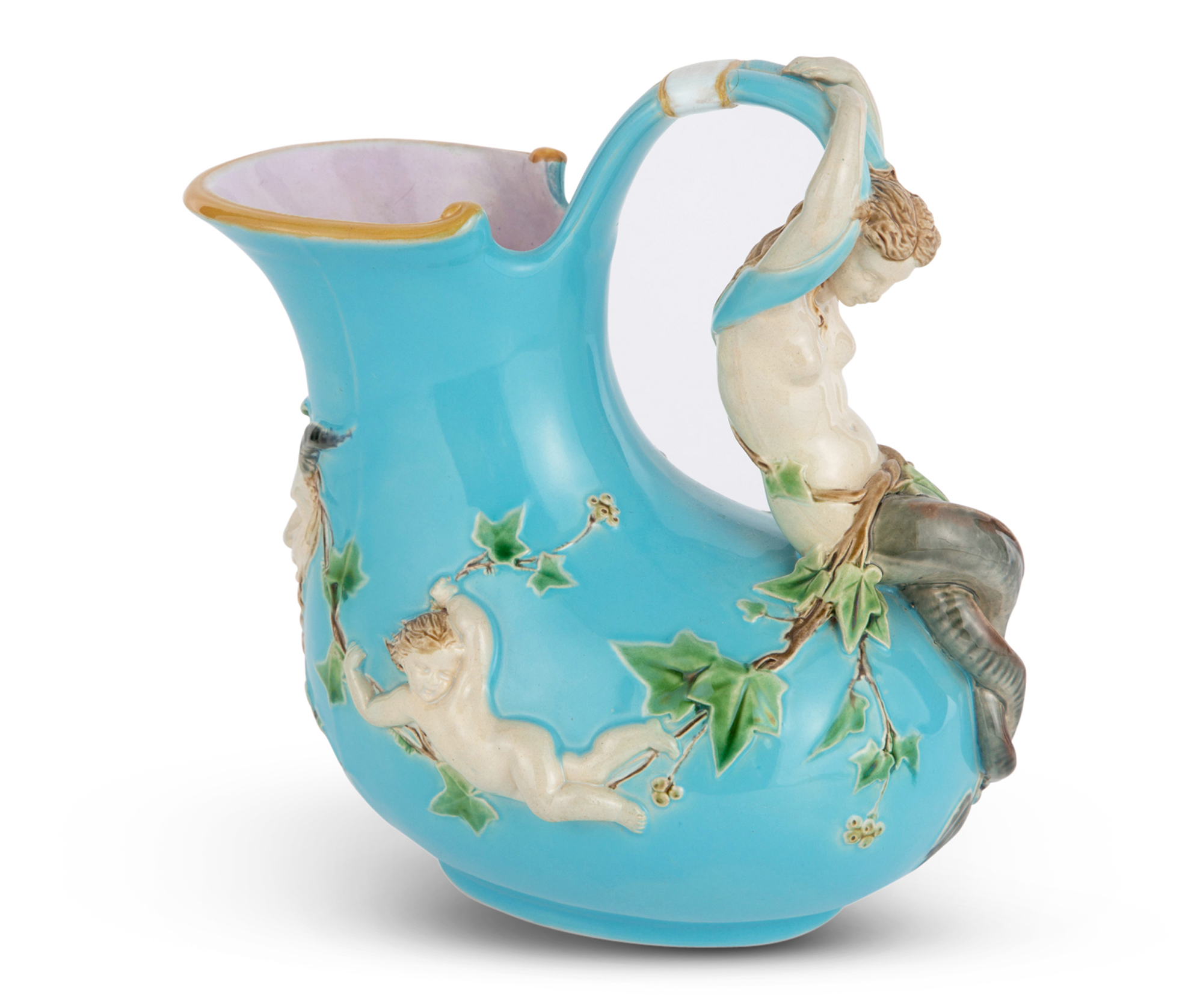 Lot image - Minton Majolica Turquoise-Ground Renaissance Style Mermaid-Handled Askos Wine Jug