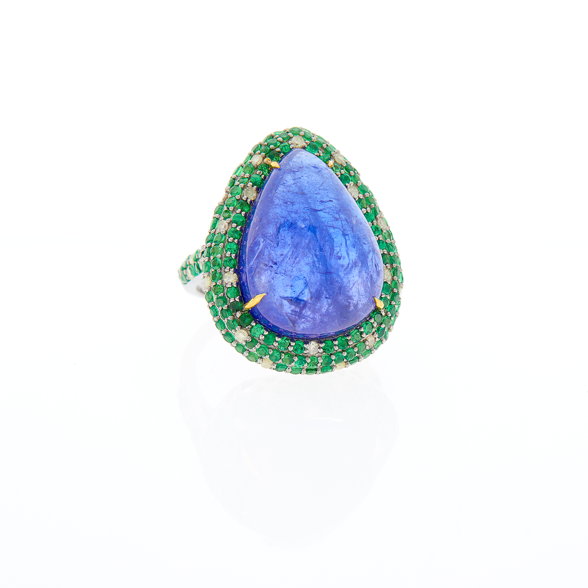 Lot image - Silver, Cabochon Tanzanite, Tsavorite Garnet and Diamond Ring