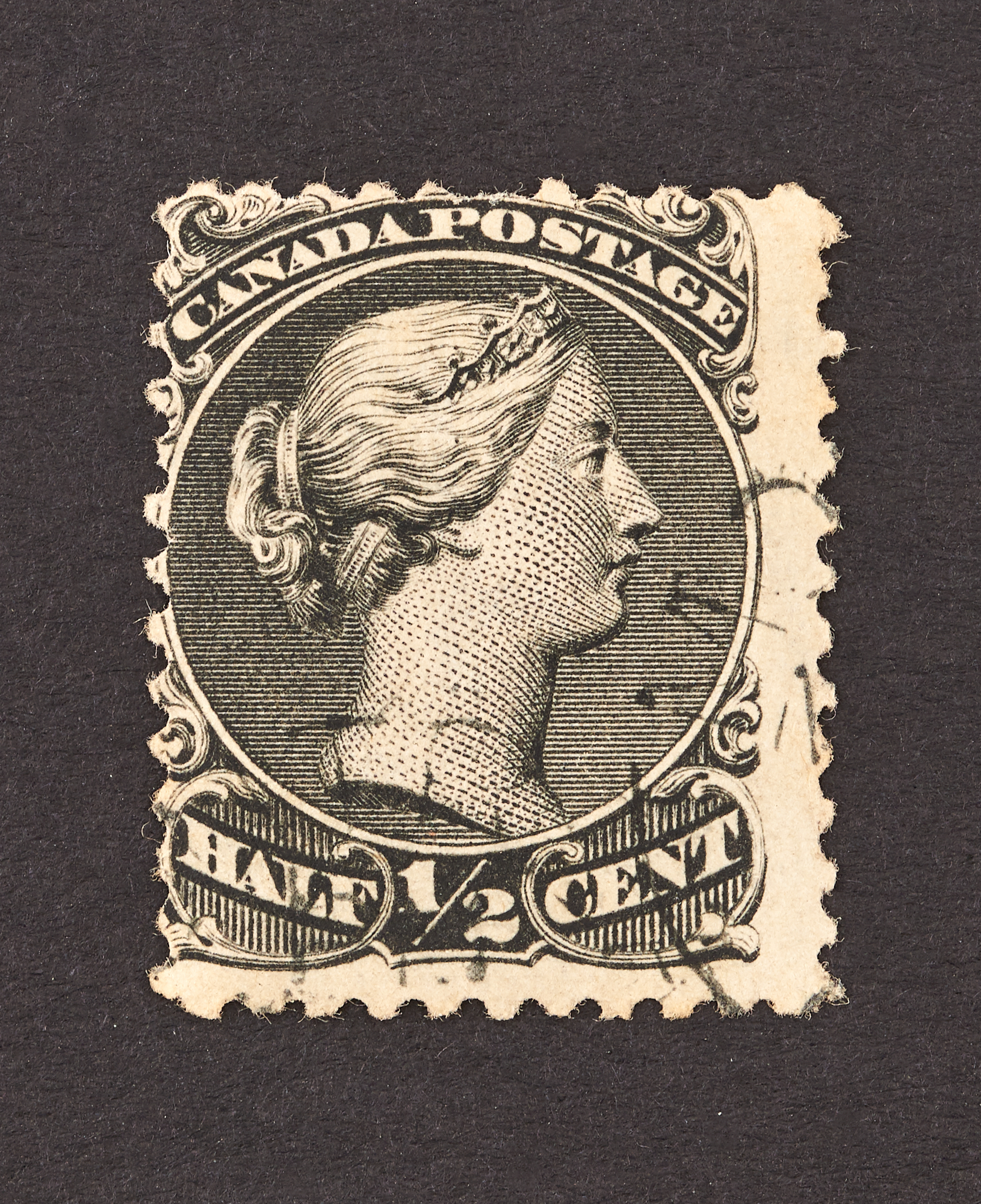Lot image - Canada 1868 1/2 Cent, Black, Watermark H, Used Scott 21b $11,000