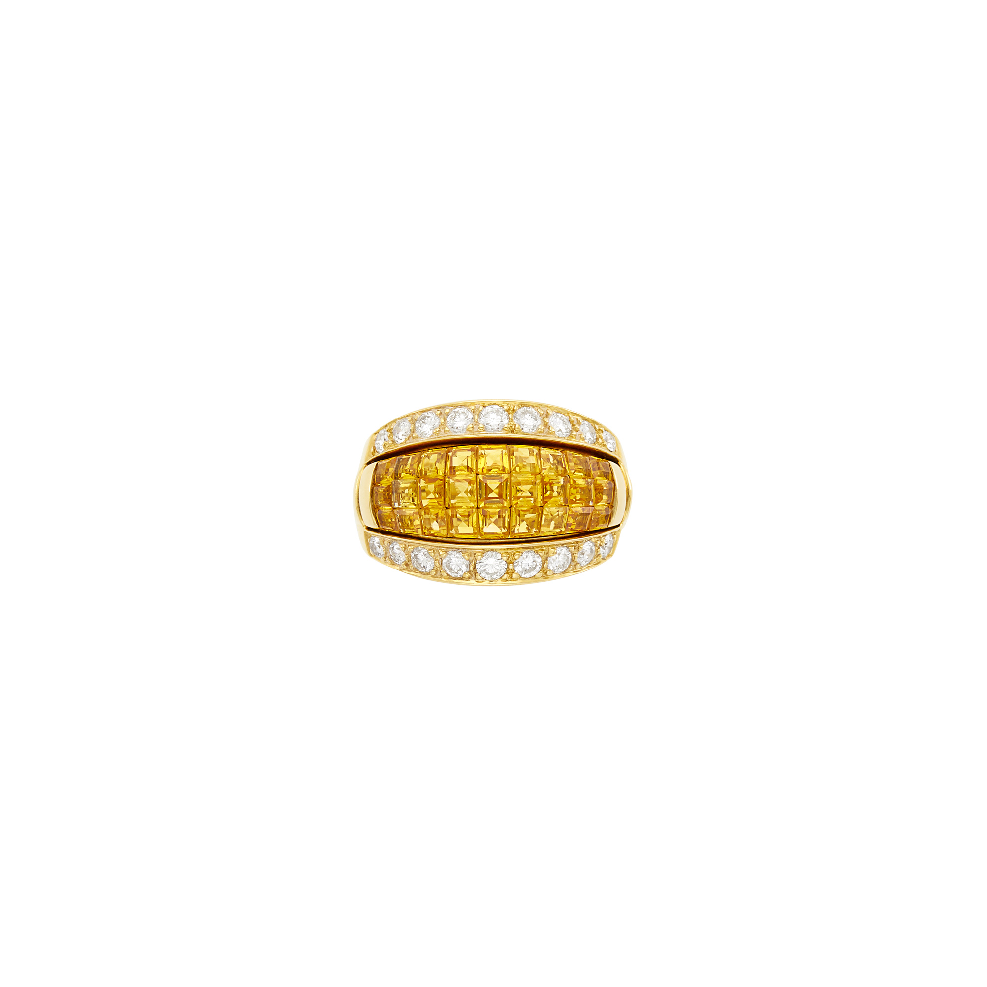 Lot image - Gold and Invisibly-Set Yellow Sapphire Ring with Gold and Diamond Jacket