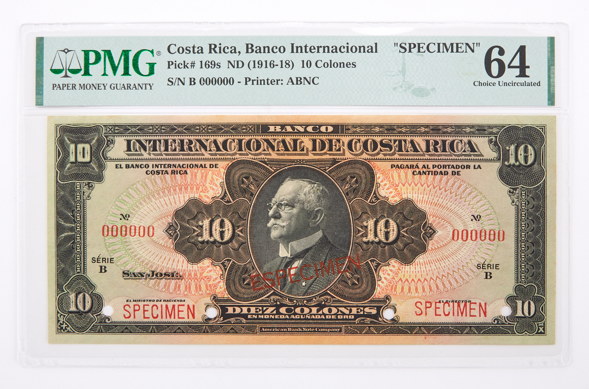 Lot image - Costa Rica, Series B Provisional 1916-18 Diez Colones Specimen Note Pick# 169s PMG 64