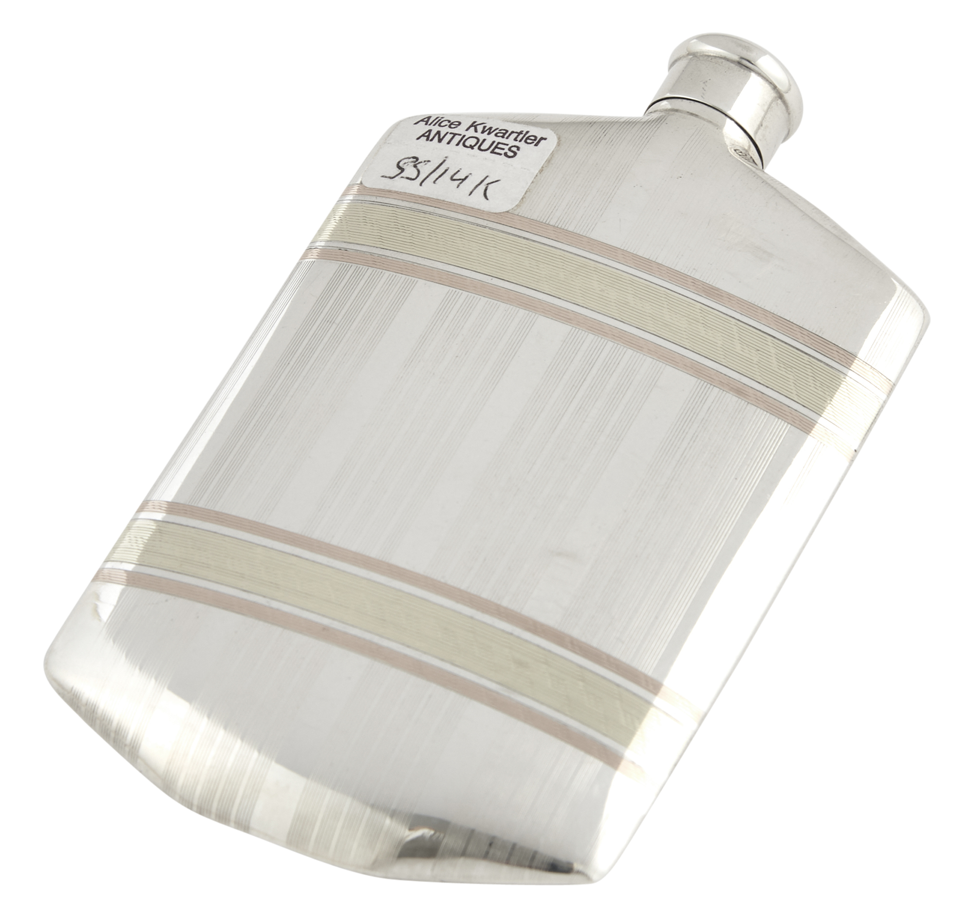 Lot image - American Sterling Silver and 14 Karat Gold Pocket Flask