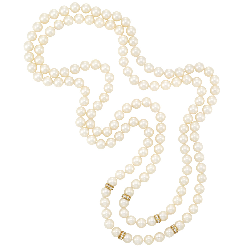 Lot image - Pair of Cultured Pearl, Gold and Diamond Necklaces