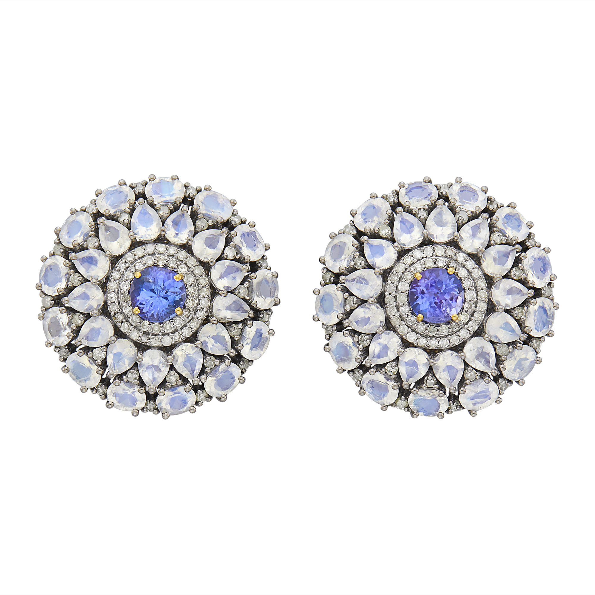Lot image - Pair of Silver, Moonstone, Tanzanite and Diamond Earrings