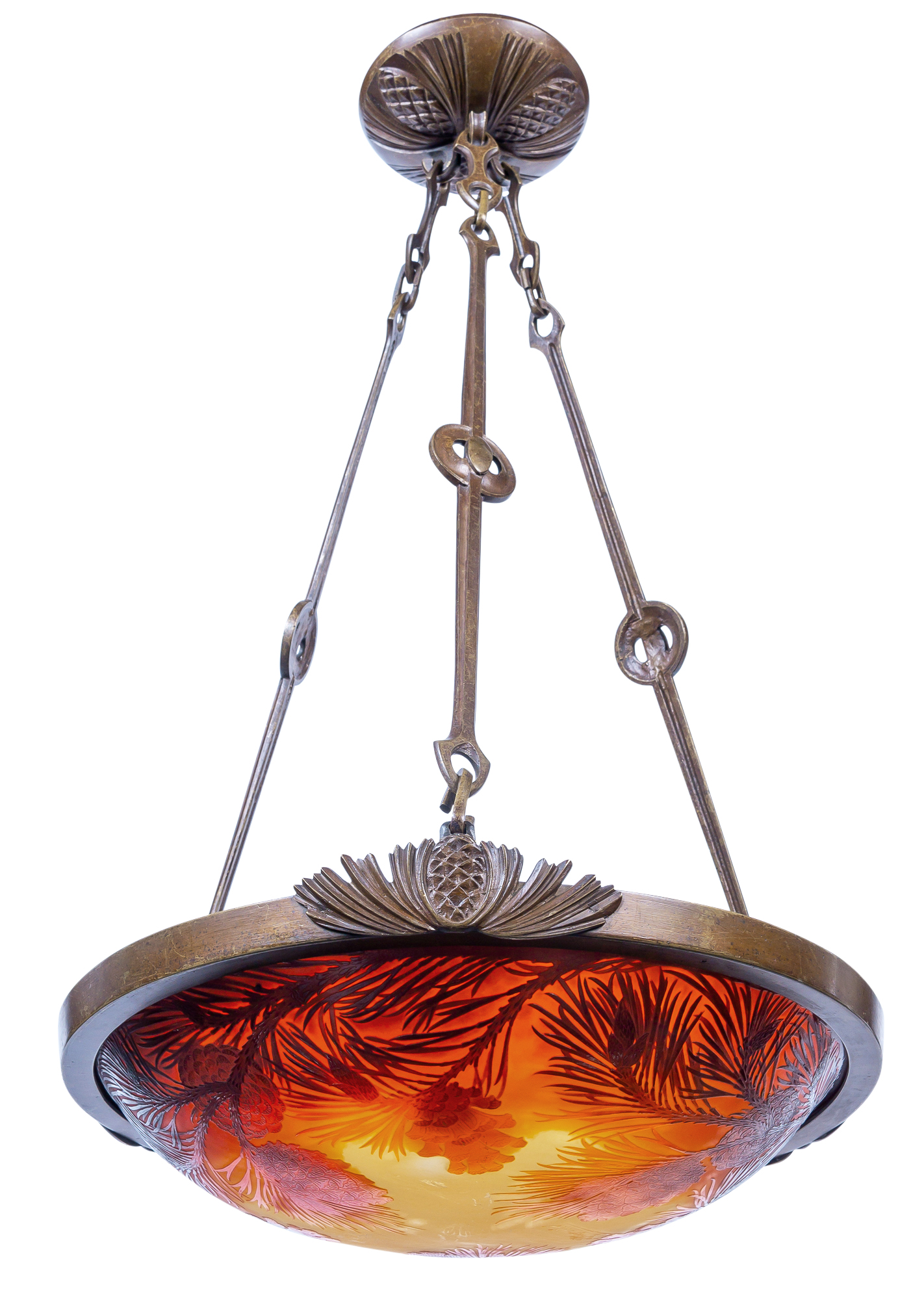 Lot image - Art Nouveau Style Metal and Acid-Etched Cameo Glass Plafonnier