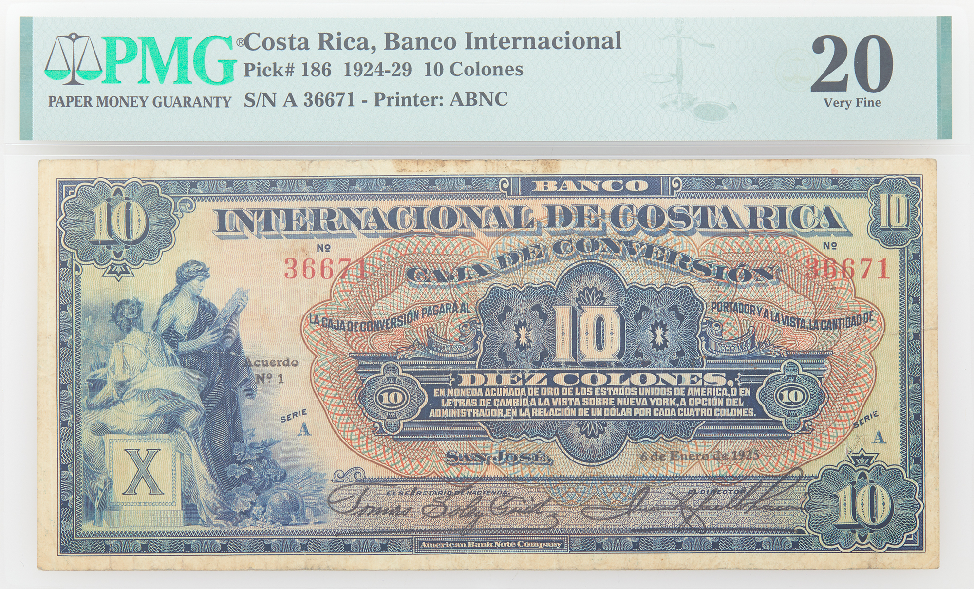 Lot image - Costa Rica Caja de Conversion 1924-25 Diez Colones Pick # 186 PMG 20