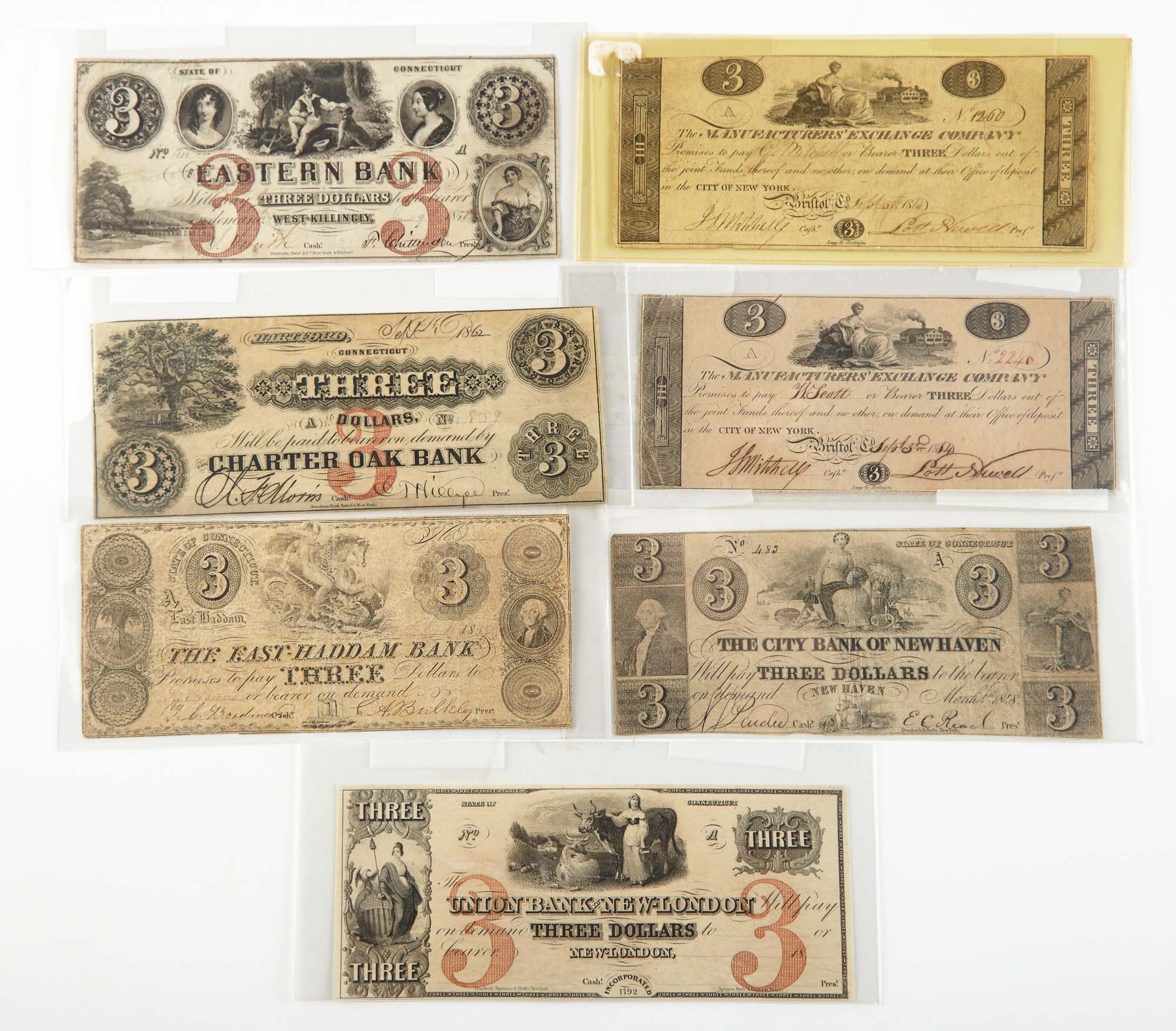 Lot image - United States $3 Obsolete Bank Notes of Connecticut