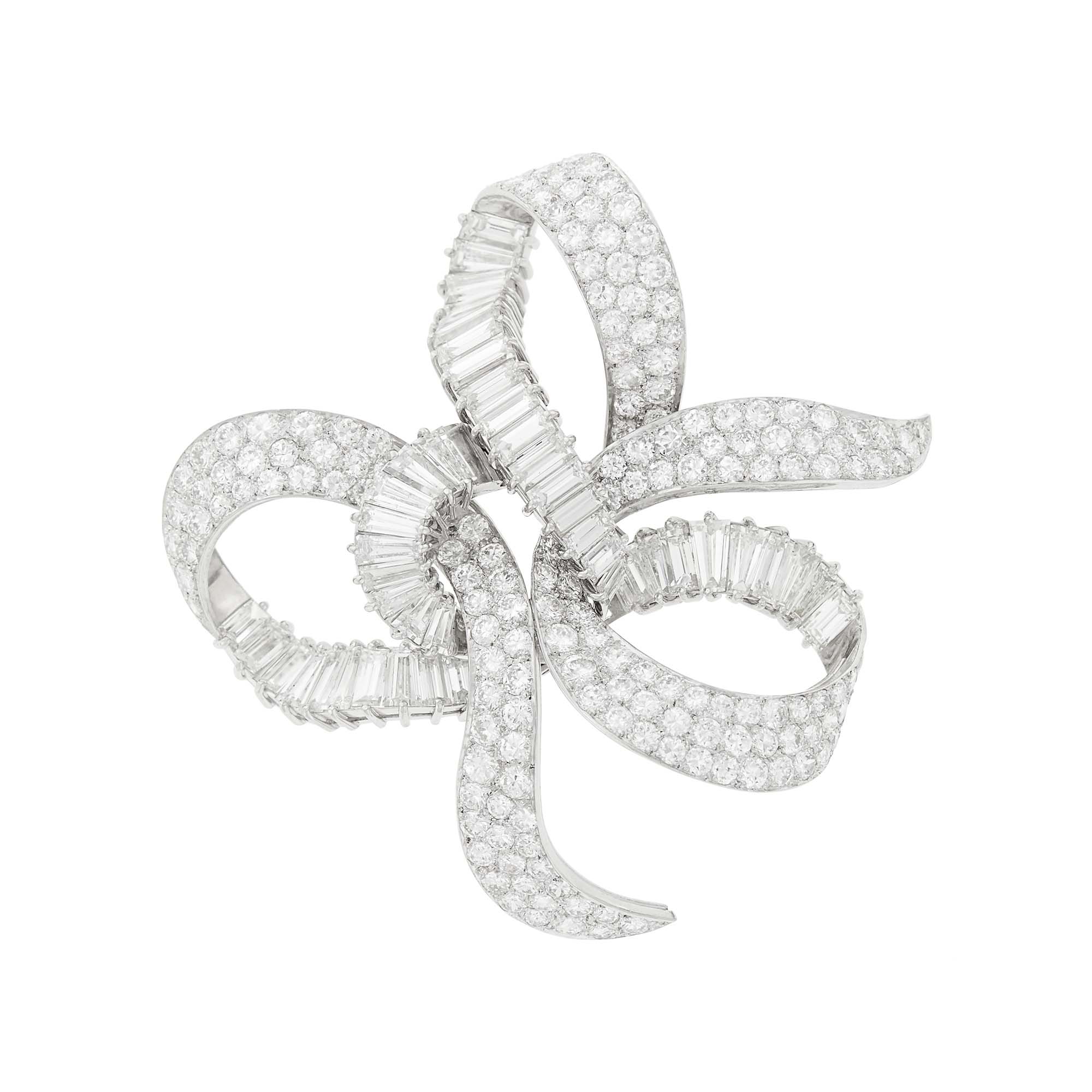 Lot image - Platinum and Diamond Ribbon Bow Brooch