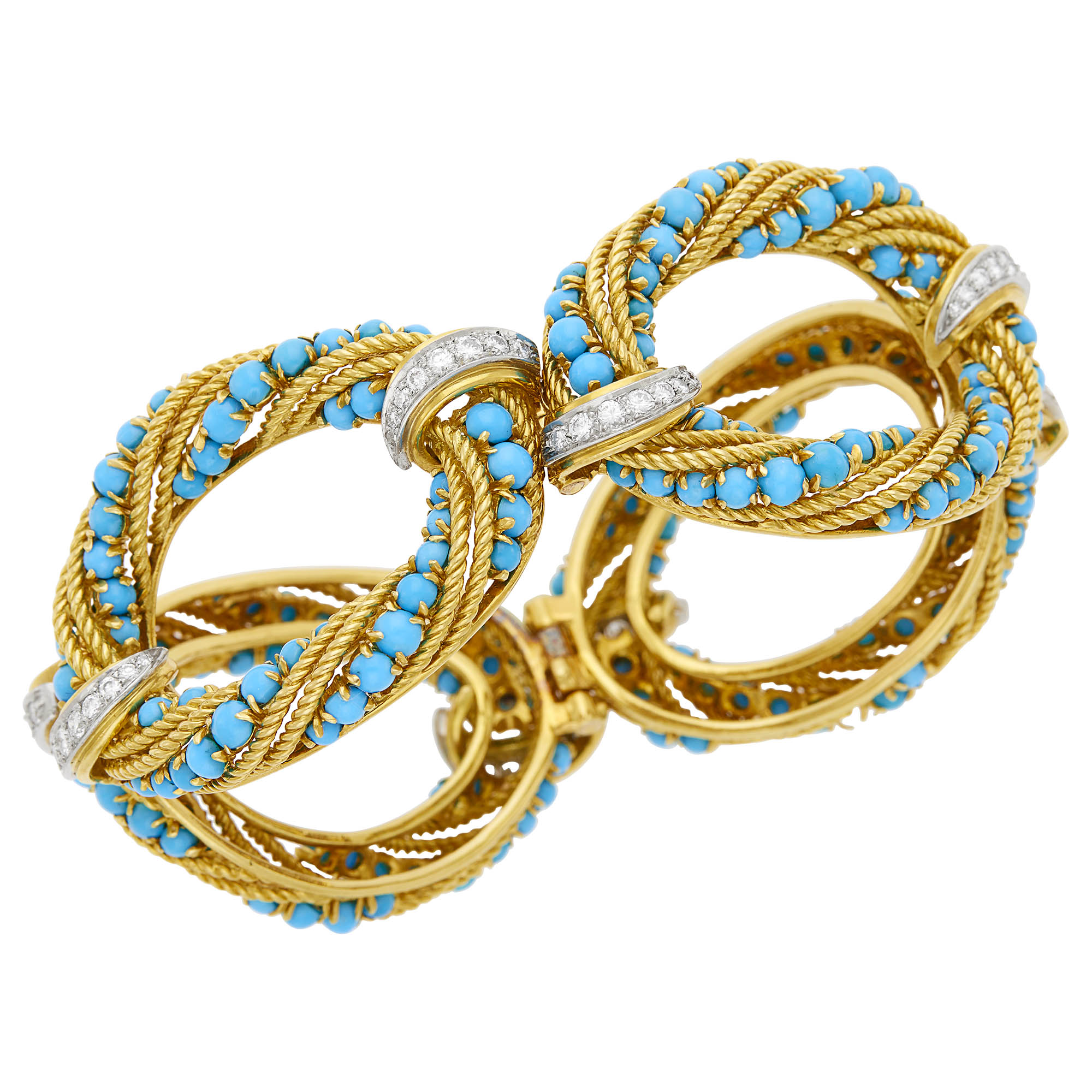 Lot image - Van Cleef & Arpels Gold, Platinum, Turquoise and Diamond Link Bracelet, France
