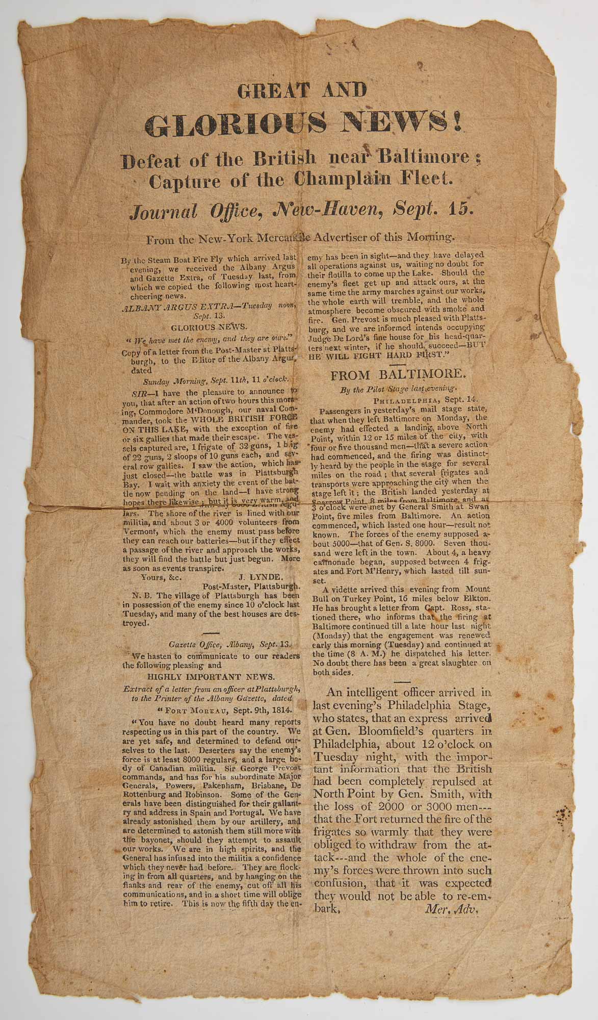 Lot image - [WAR OF 1812 - BROADSIDE]  Great and Glorious News! Defeat of the British near Baltimore; Capture of the Champlain Fleet.