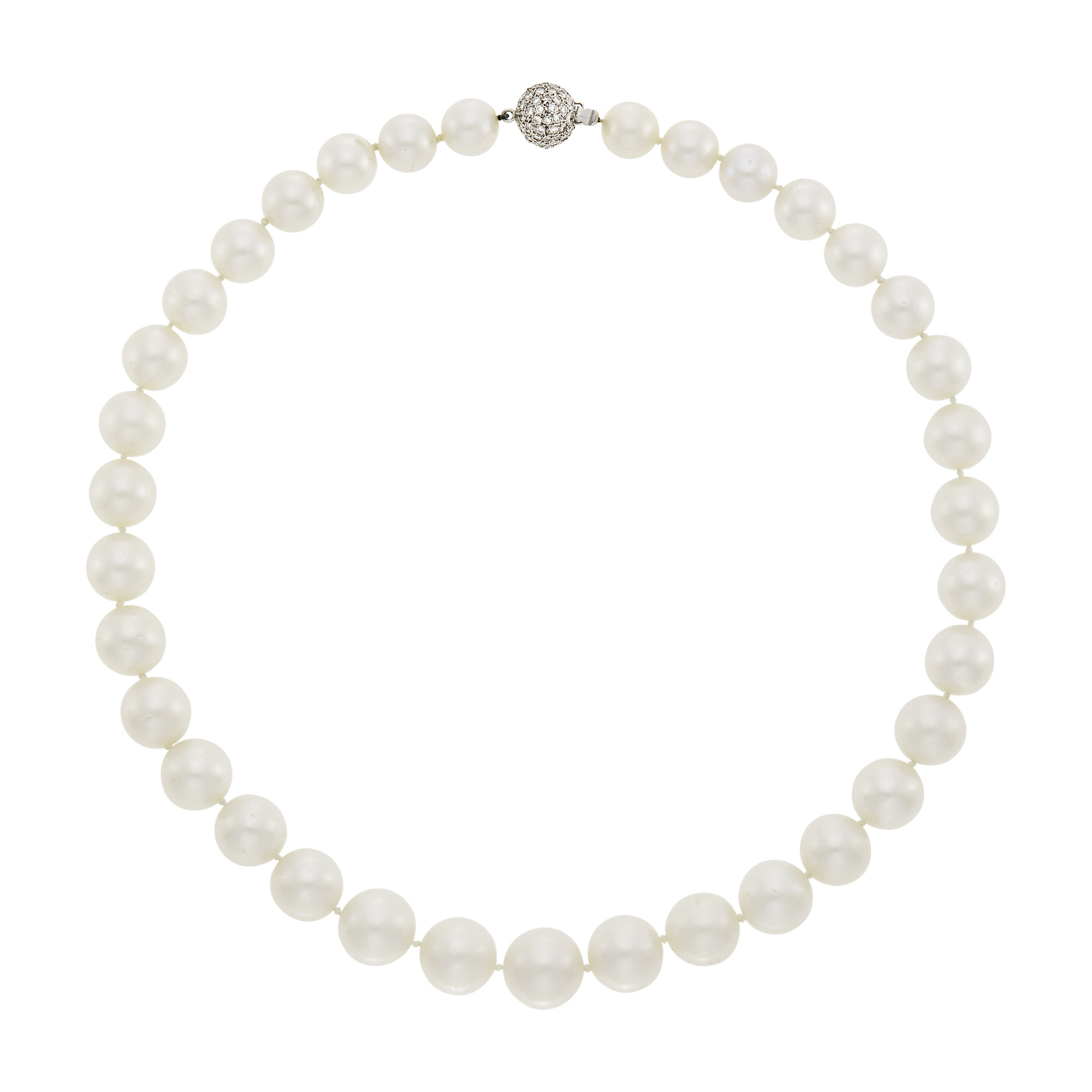 Lot image - Emis South Sea Cultured Pearl Necklace with White Gold and Diamond Ball Clasp