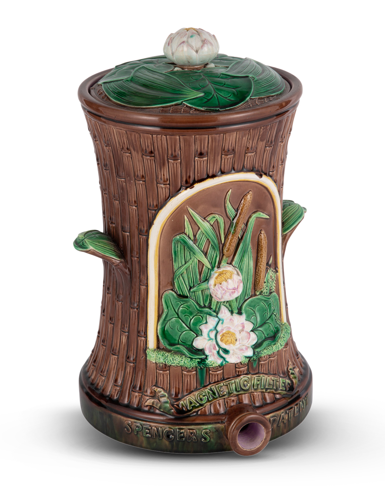 Lot image - George Jones & Sons Majolica Water Lily and Bamboo Spencers Patent Magnetic Water Filter and Cover