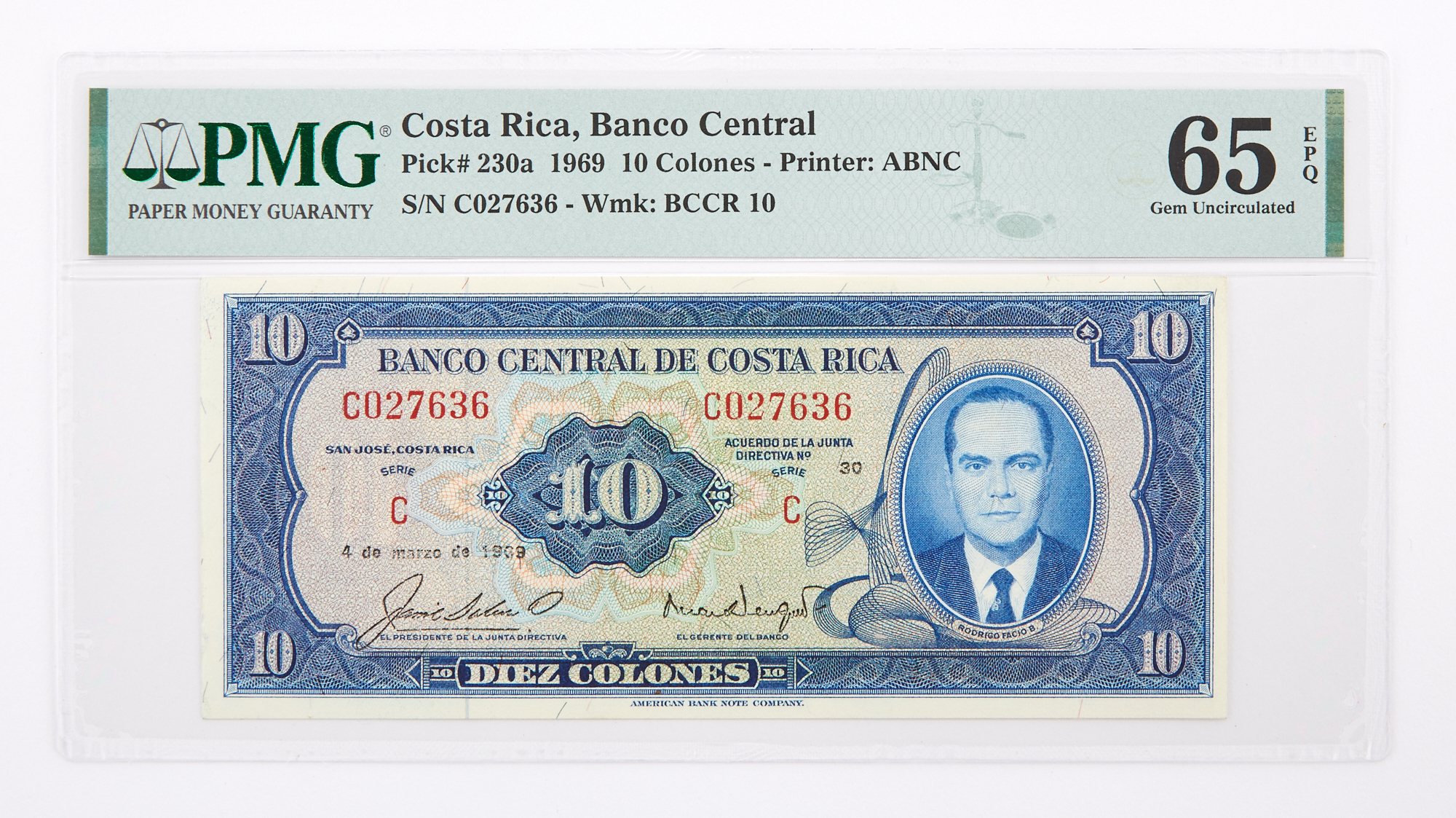 Lot image - Costa Rica, Banco Central 1969 Diez Colones Pick# 230a PMG 65