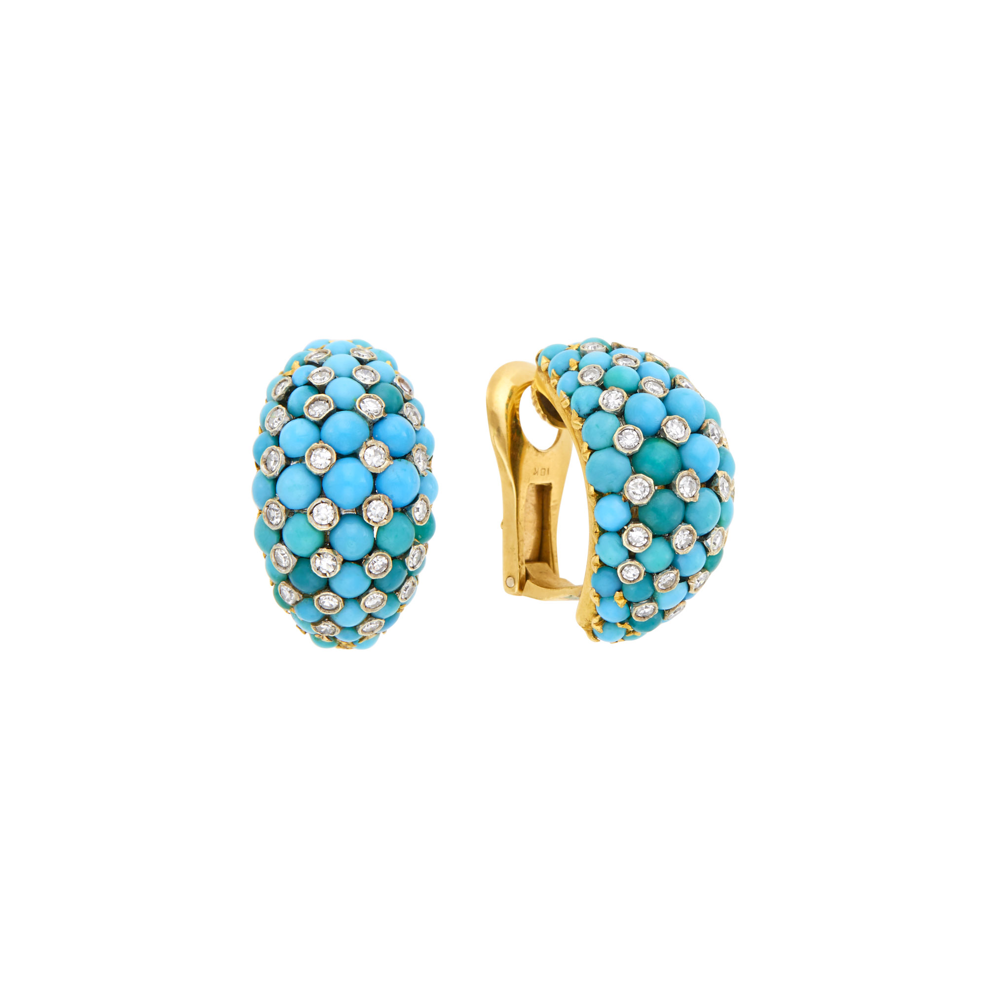 Lot image - Van Cleef & Arpels, Pair of Two-Color Gold, Turquoise and Diamond Earclips