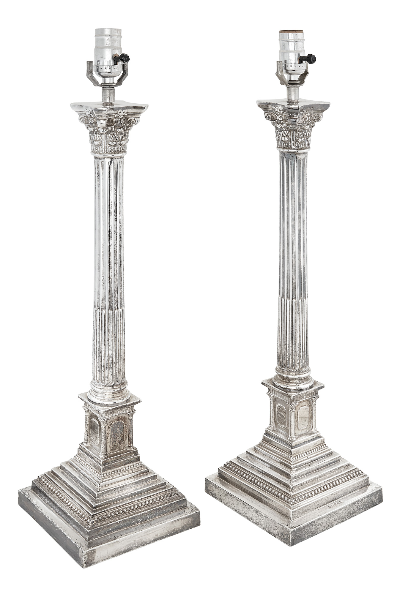 Lot image - Pair of Silver Plated Corinthian Column Form Lamps