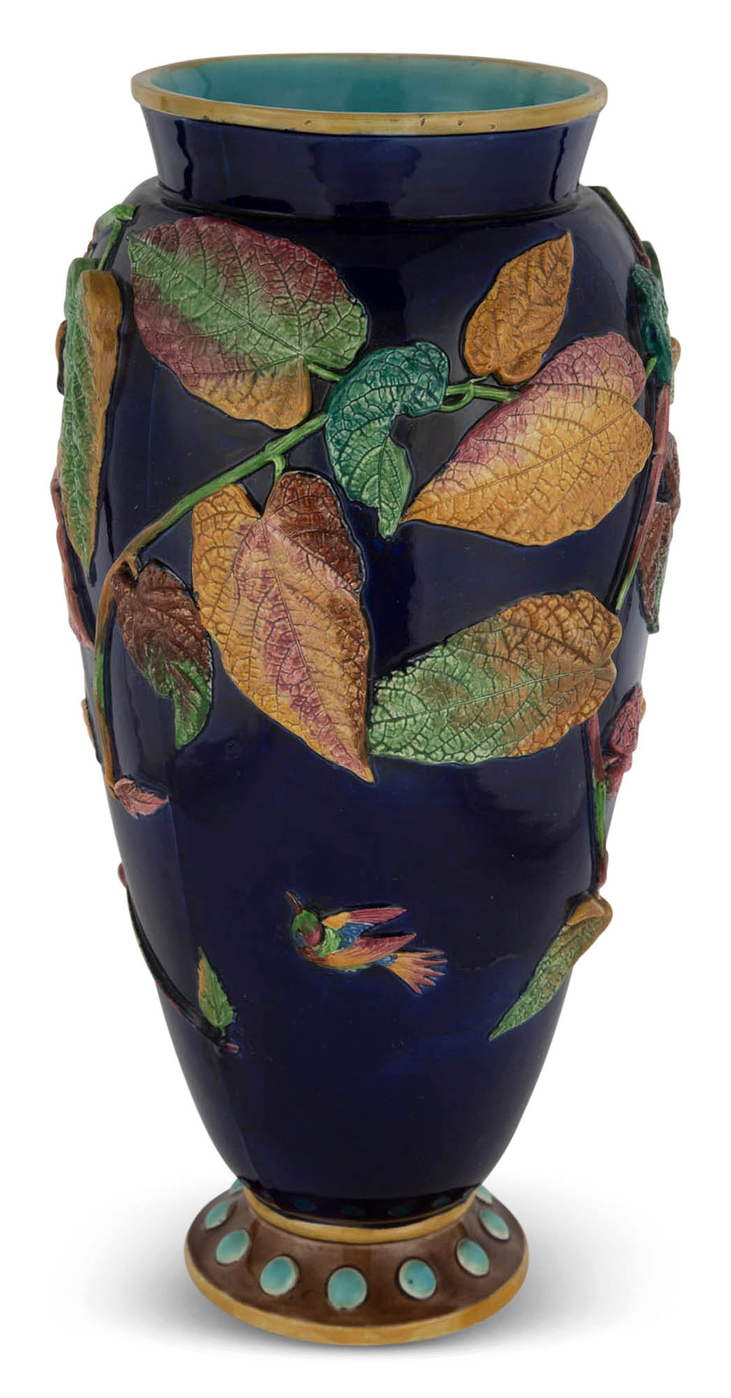 Lot image - T.C. Brown-Westhead, Moore & Co. Majolica Cobalt-Blue Ground Hummingbird and Begonia Leaf Vase