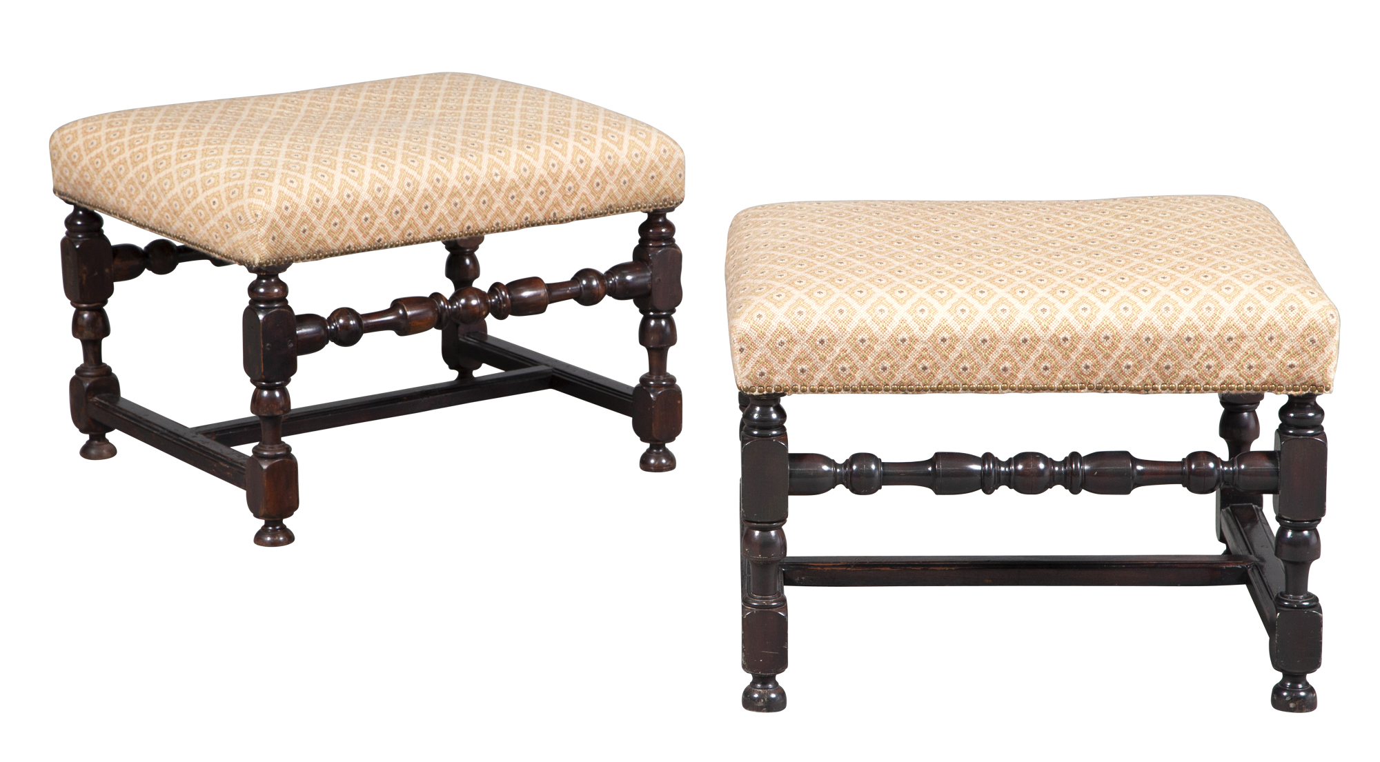 Lot image - Pair of William and Mary Style Upholstered Stained Wood Stools