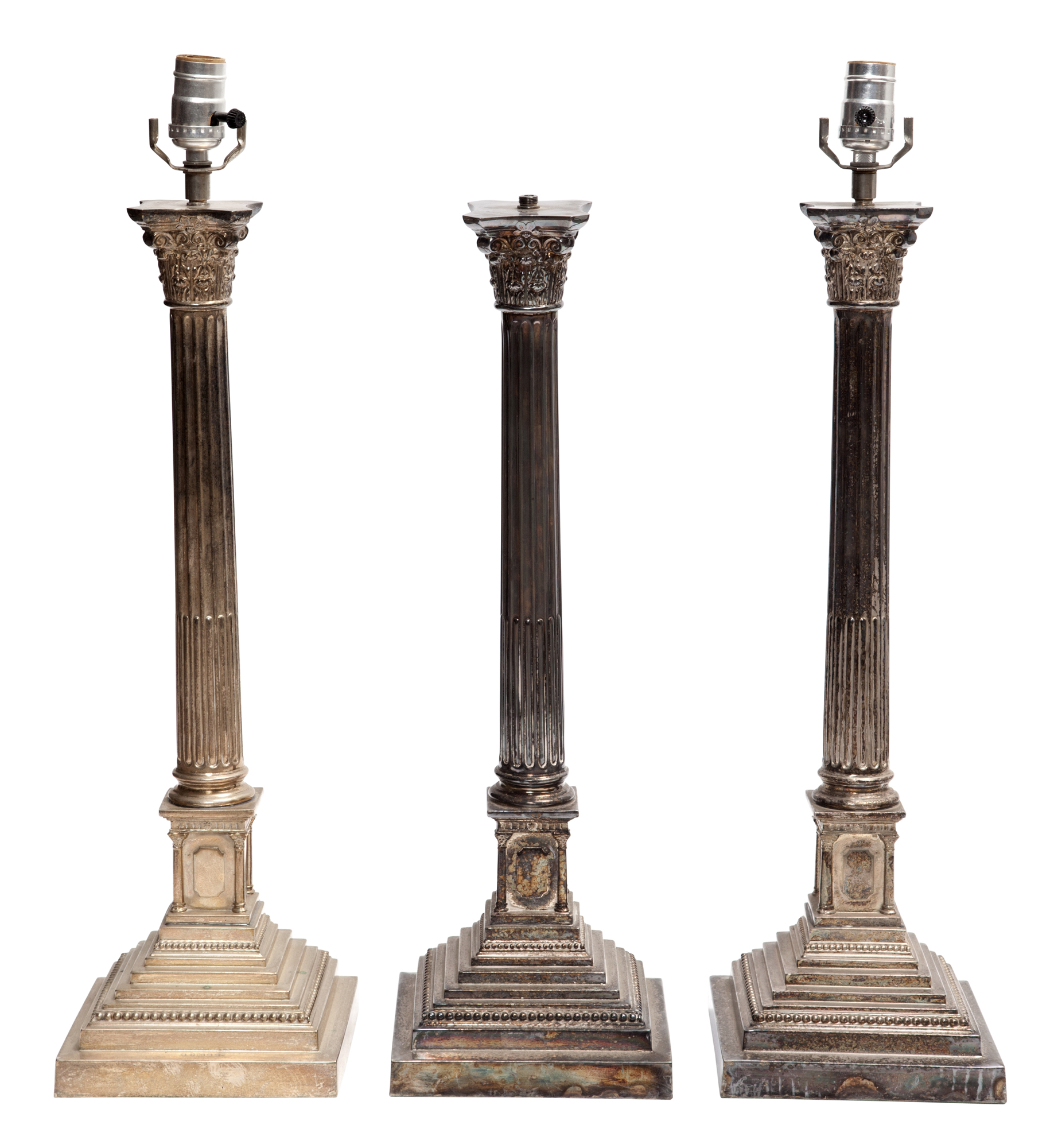 Lot image - Set of Three Silver Plated Corinthian Columnar Lamps