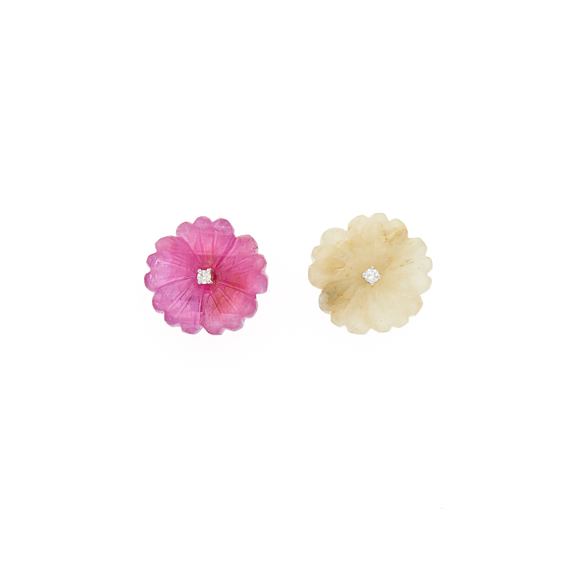 Lot image - Pair of Gold, Pink and Yellow Carved Sapphire and Diamond Flower Earrings