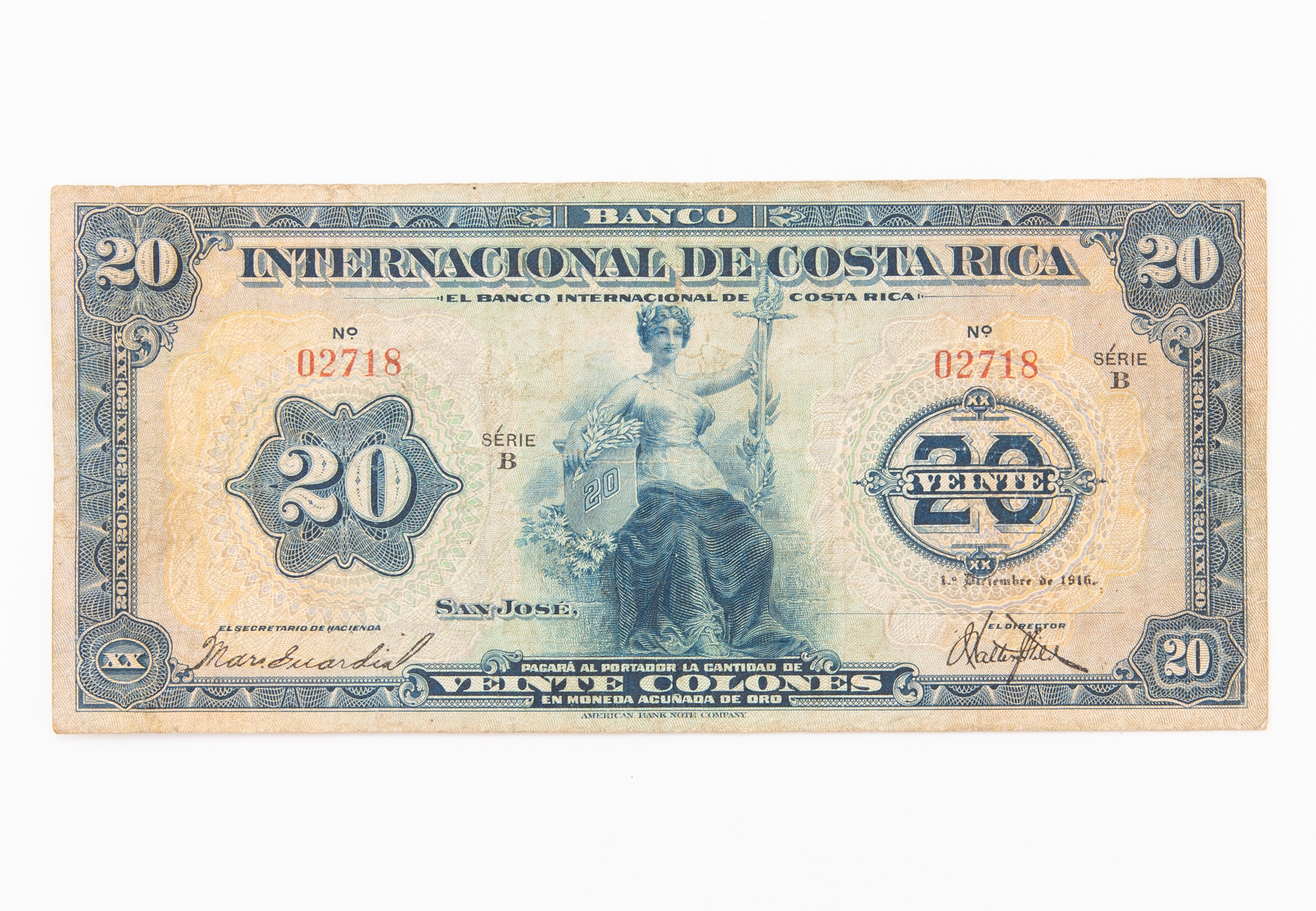 Lot image - Costa Rica, Banco Internacional Veinte Colones Pick# 169A