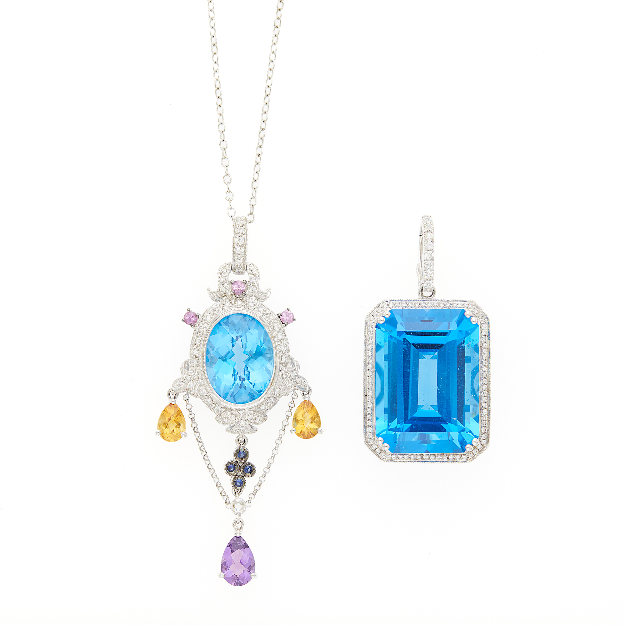 Lot image - White Gold, Irradiated Blue Topaz, Multicolored Stone and Diamond Pendant with Long Silver Chain Necklace and Pendant