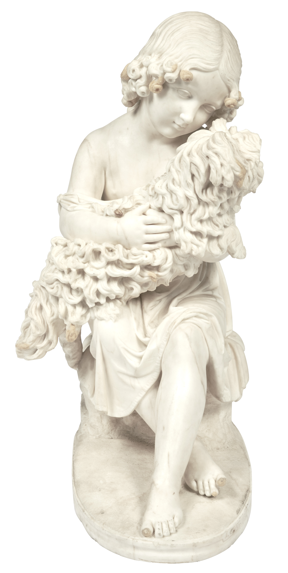 Lot image - Marble Group of a Seated Young Girl Embracing a Maltese Dog