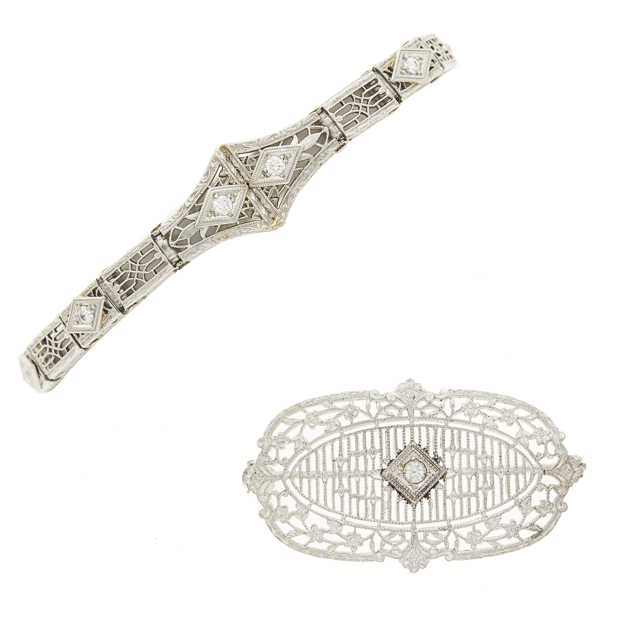 Lot image - White Gold, Stainless Steel and Diamond Bracelet and Costume Brooch
