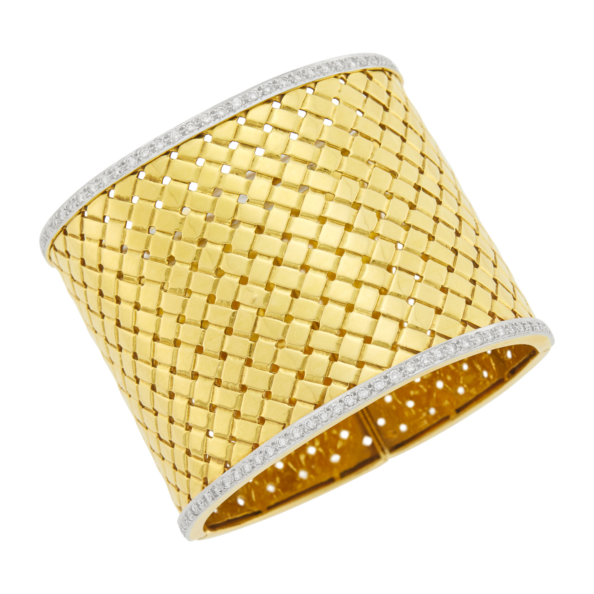 Lot image - Two-Color Gold and Diamond Basketweave Cuff Bangle Bracelet