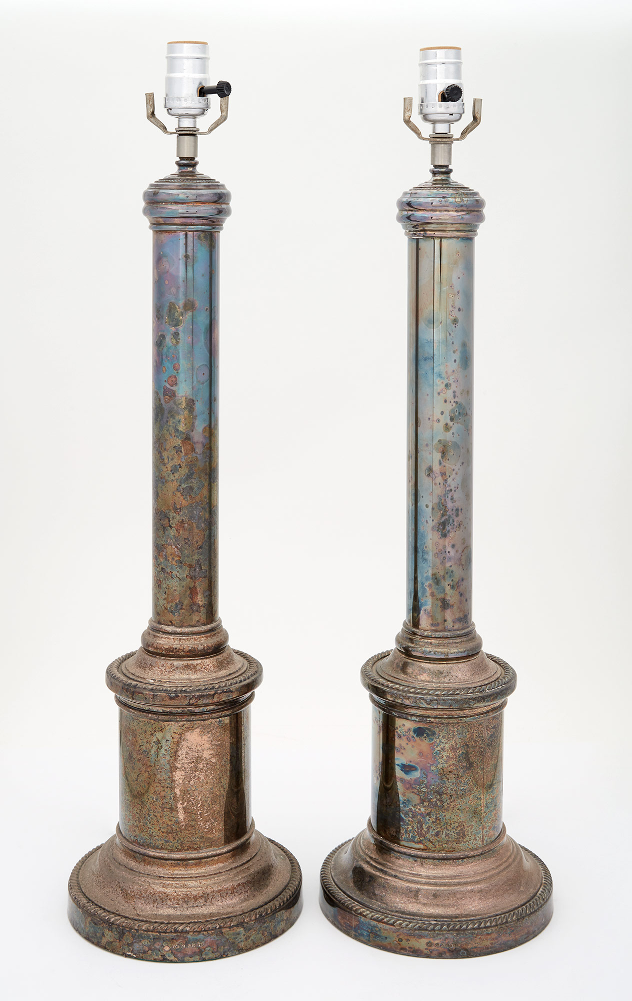 Lot image - Pair of Neoclassical Style Silver Plated Lamps