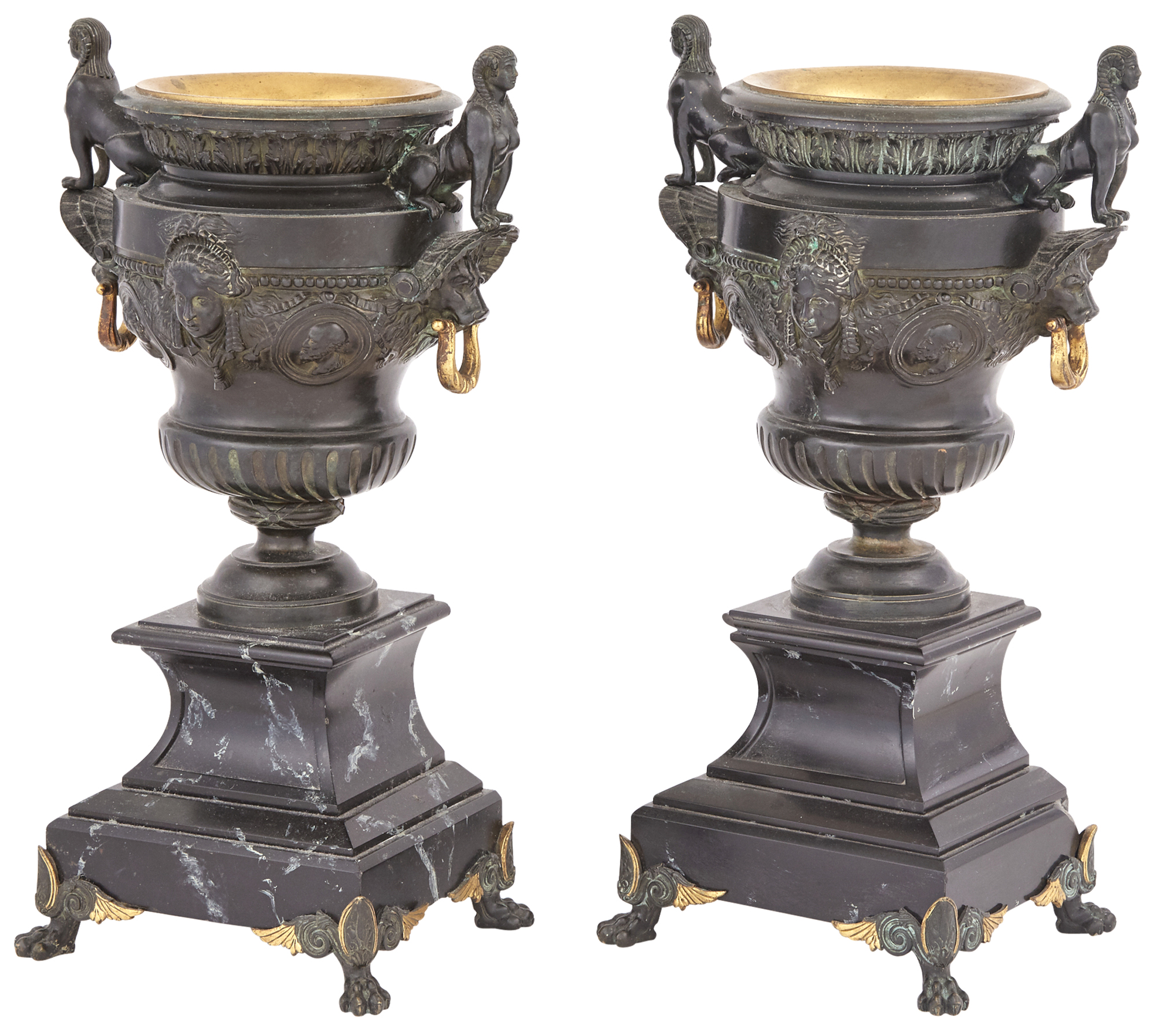 Lot image - Pair of Egyptian Revival Style Gilt and Patinated Bronze Two-Handled Vases on Faux Marble Bases