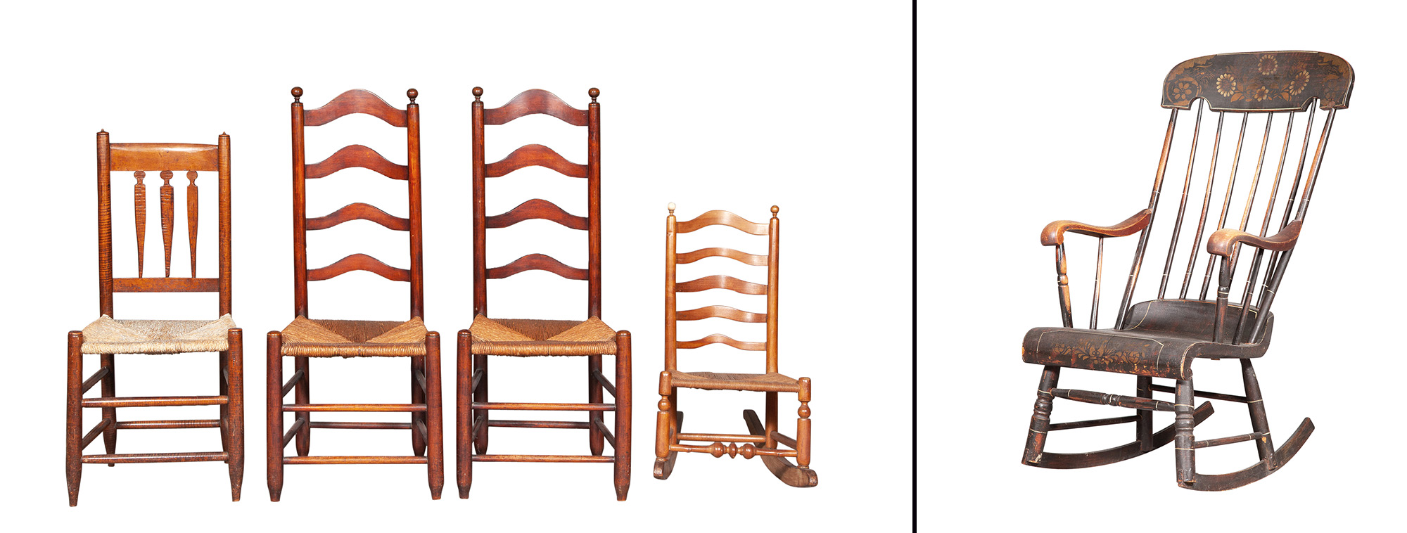 Lot image - Pair of Delaware Valley Stained Wood Ladder Back Rush Seat Side Chairs