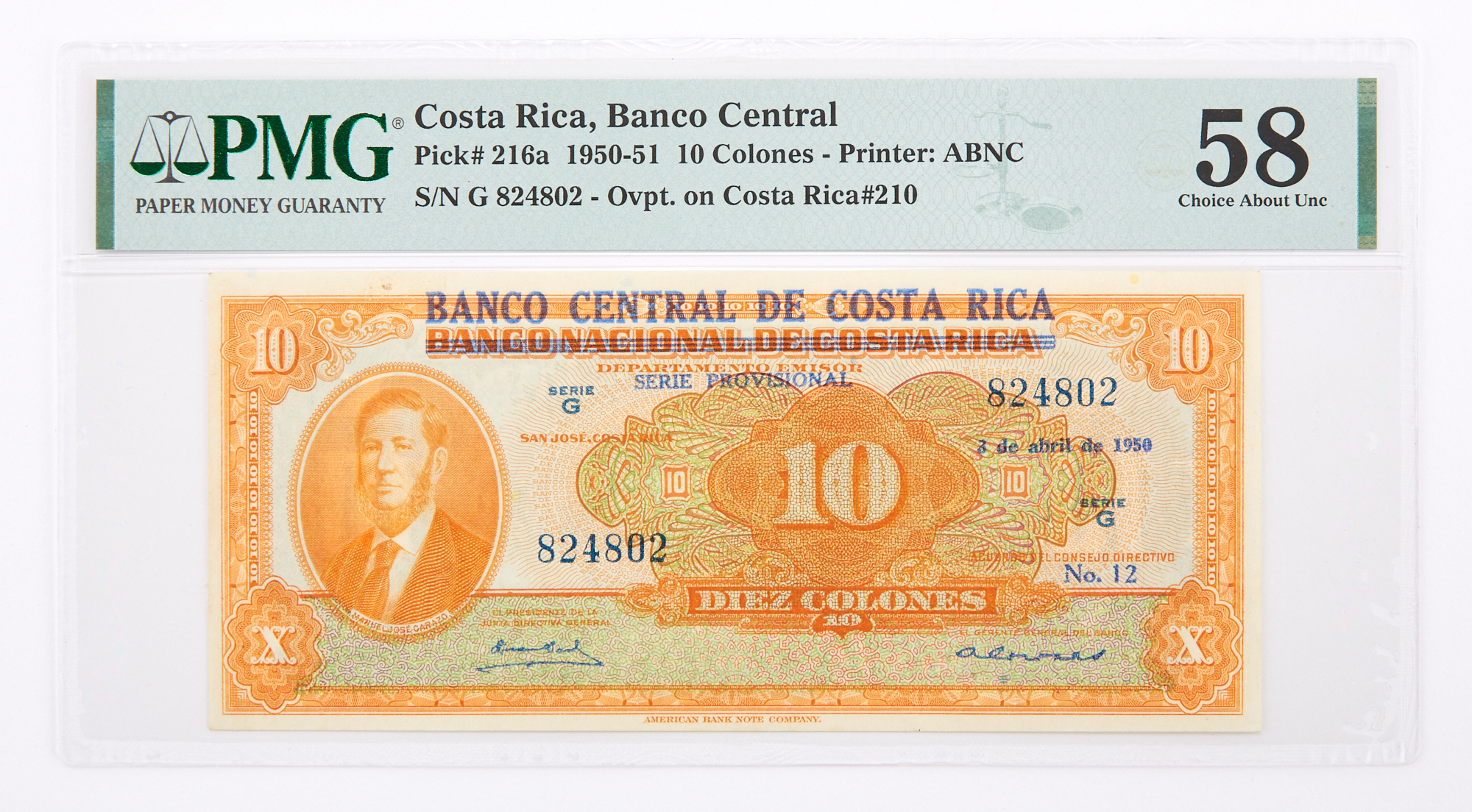 Lot image - Costa Rica, Banco Central 1950-51 Diez Colones Pick# 216a PMG 58
