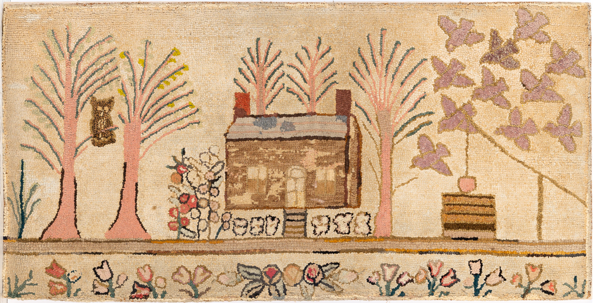 Lot image - Mounted Hooked Pictorial Rug