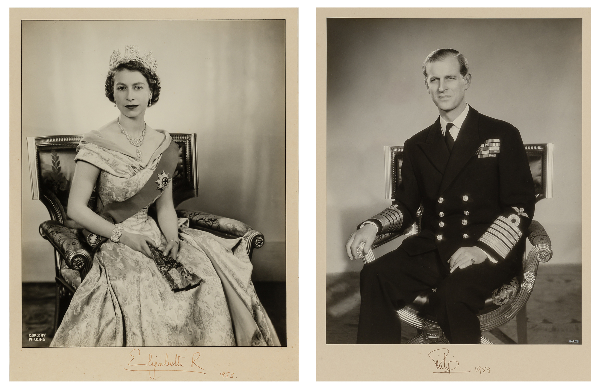 Lot image - QUEEN ELIZABETH & PRINCE PHILIP  A fine large format pair of signed Coronation photographs.