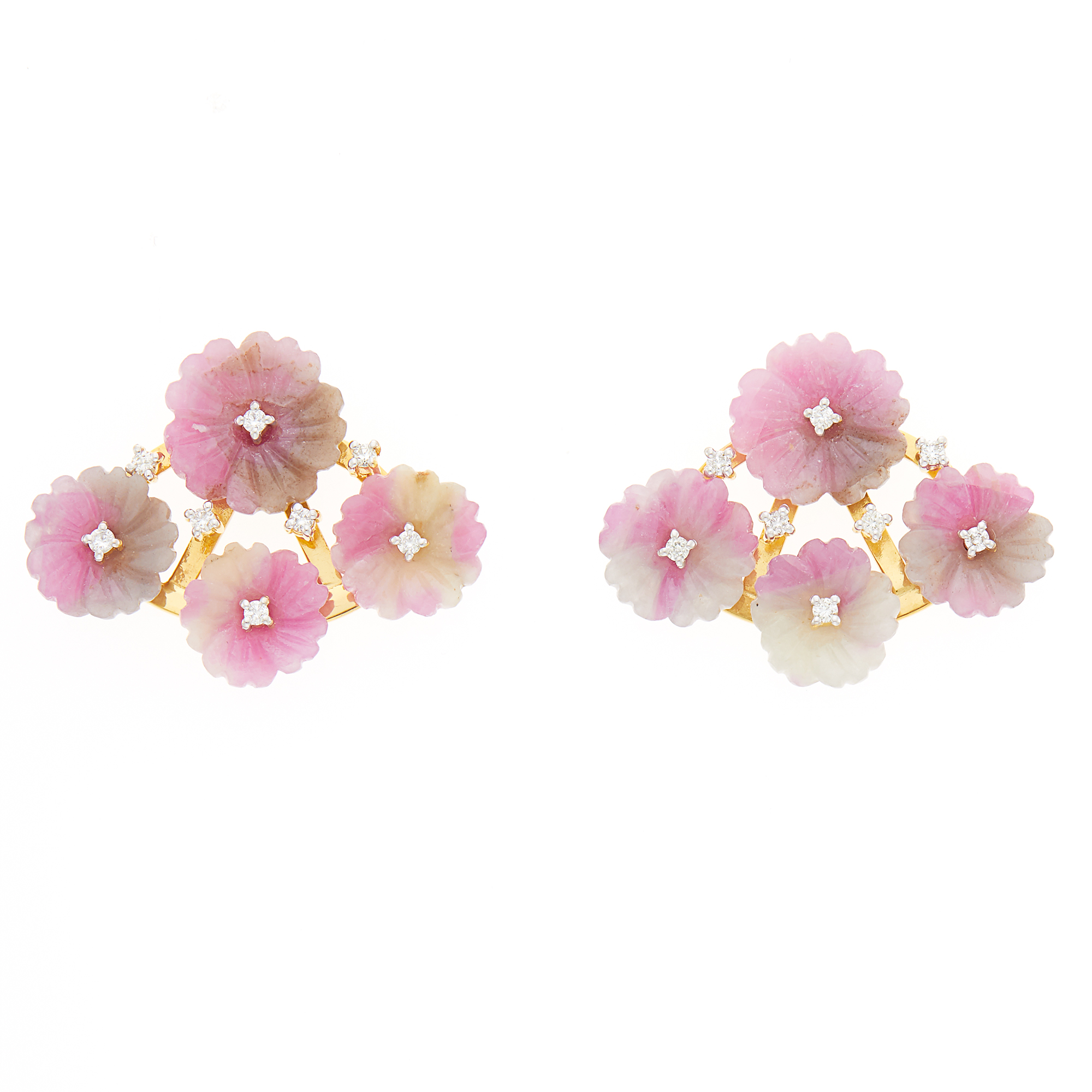 Lot image - Pair of Gold, Carved Pink and Yellow Sapphire and Diamond Cluster Earrings