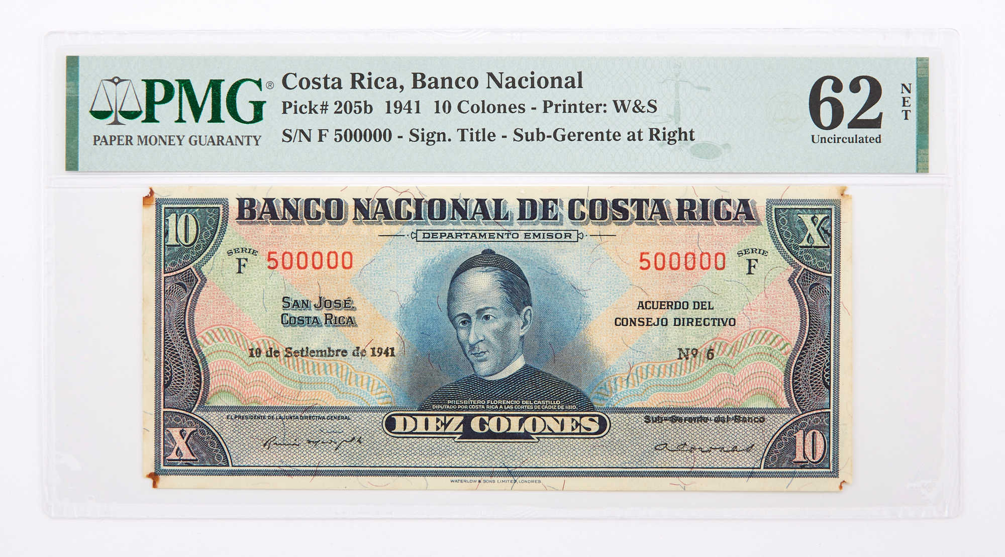 Lot image - Costa Rica, Banco Nacional Series F 1941 Diez Colones Serial No. F 500000 Pick# 205b  PMG 62