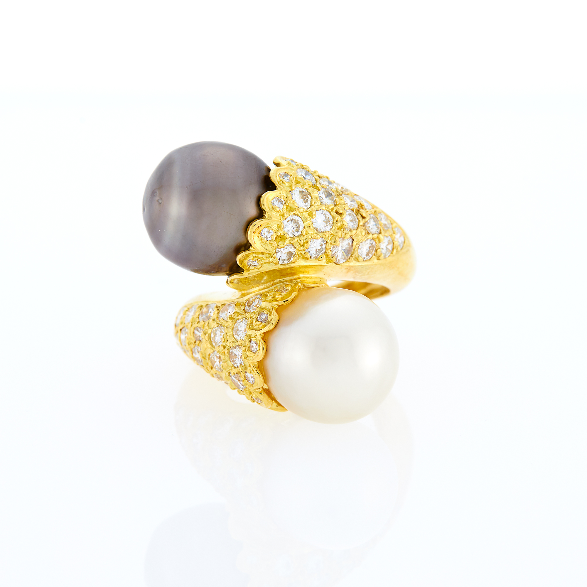 Lot image - Gold, White and Gray South Sea Cultured Pearl and Diamond Crossover Ring