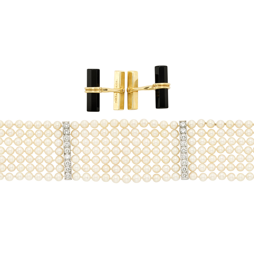 Lot image - Pair of Gold and Black Onyx Cufflinks, Tiffany & Co., and Cultured Pearl, White Gold and Diamond Choker Necklace