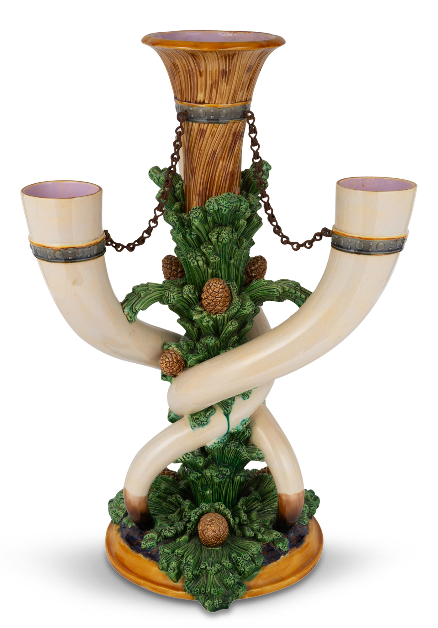 Lot image - Minton Majolica Neo-Medieval Triple Horn Flower Stand